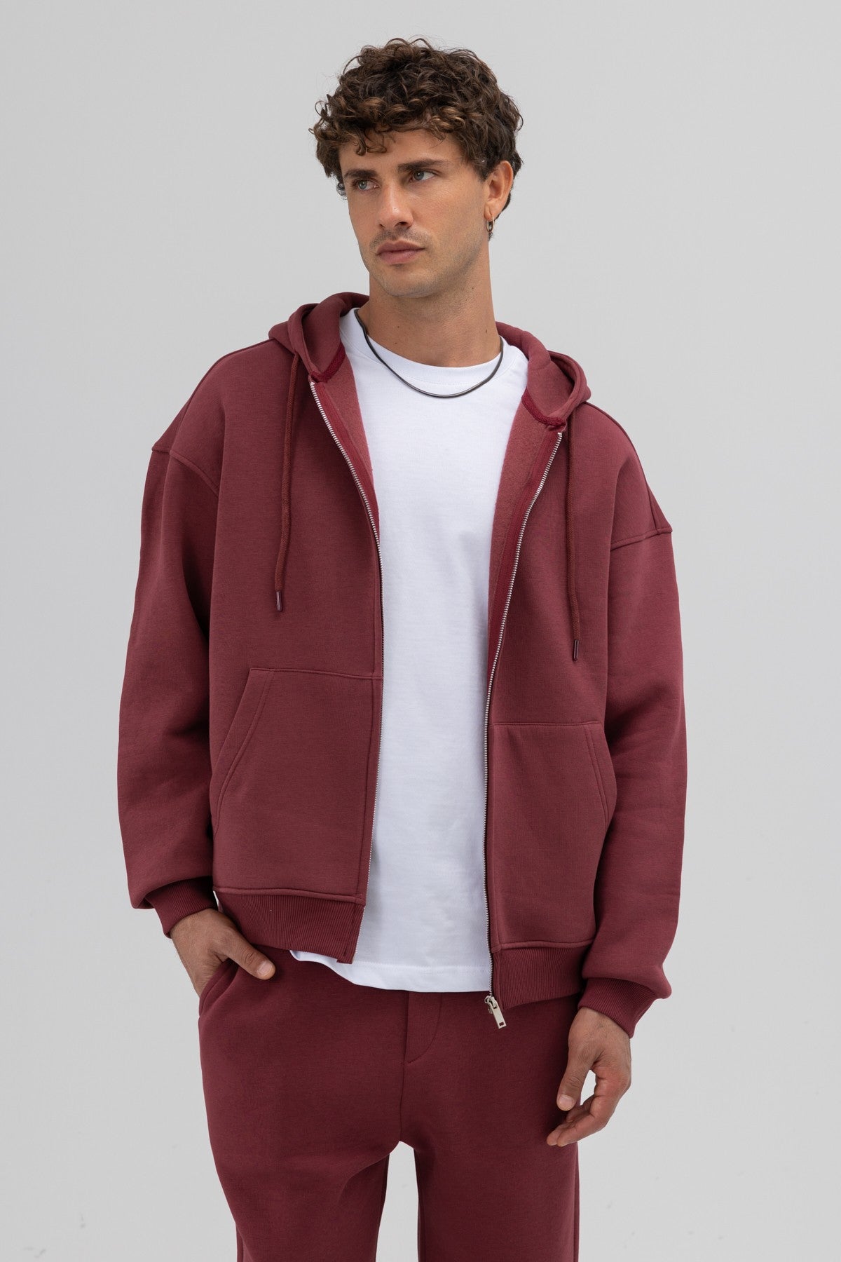 Basic Fermuarlı Oversize Kapüşonlu Sweatshirt