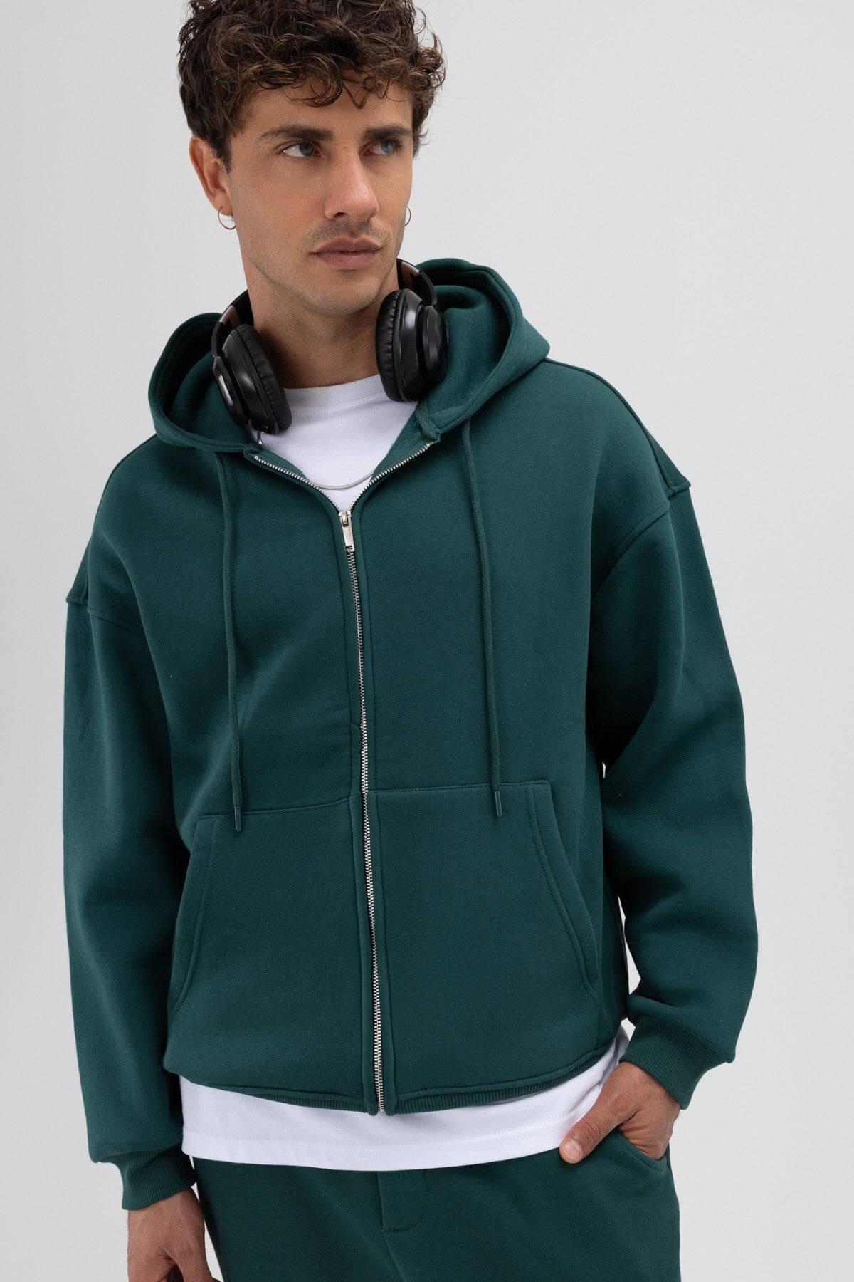 Basic Fermuarlı Oversize Kapüşonlu Sweatshirt