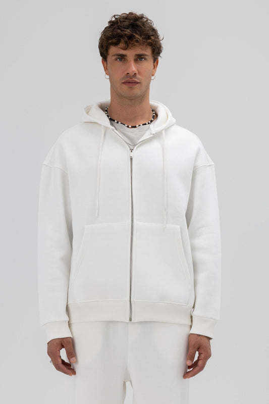Basic Fermuarlı Oversize Kapüşonlu Sweatshirt