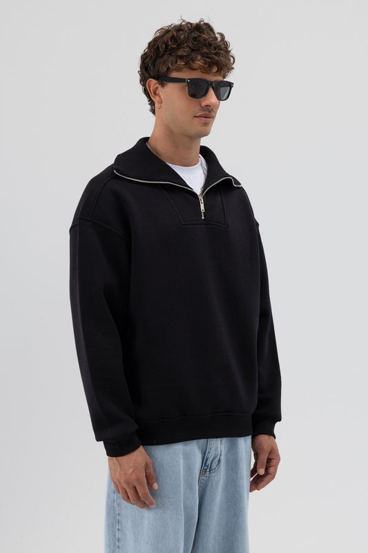 Basic Fermuarlı Dik Yaka Sweatshirt