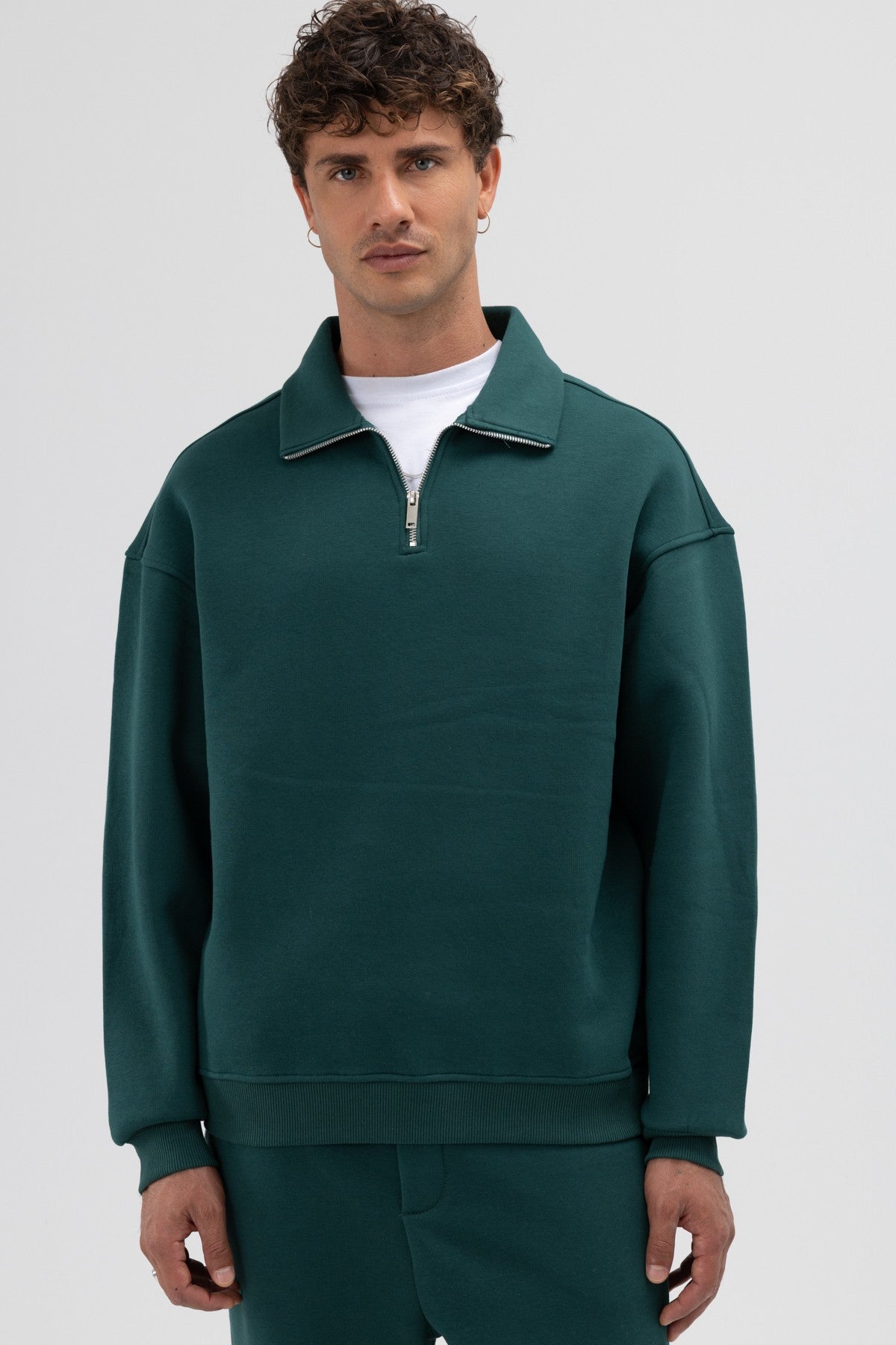 Oversize Fermuarlı Dik Yaka Sweatshirt