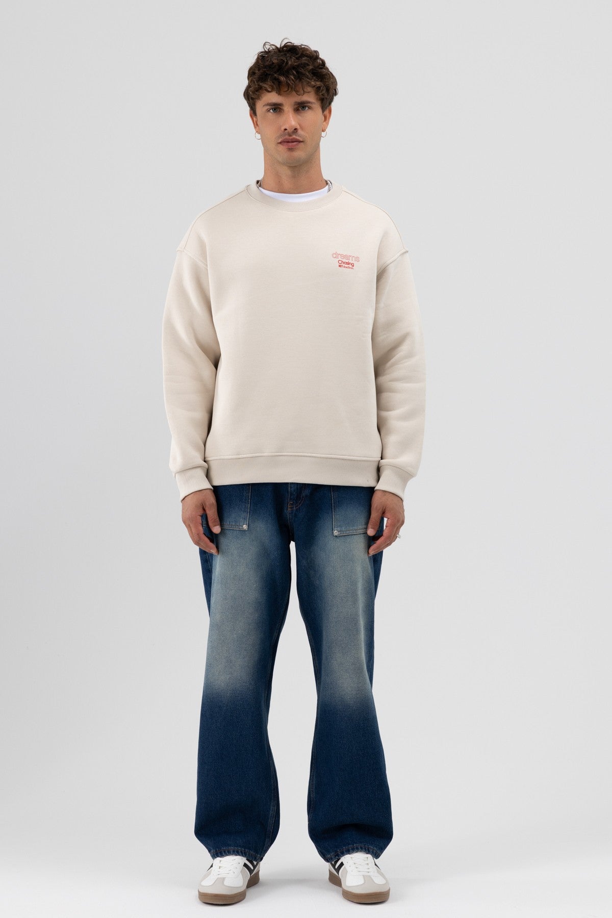 Oversize Bisiklet Yaka Baskılı Sweatshirt