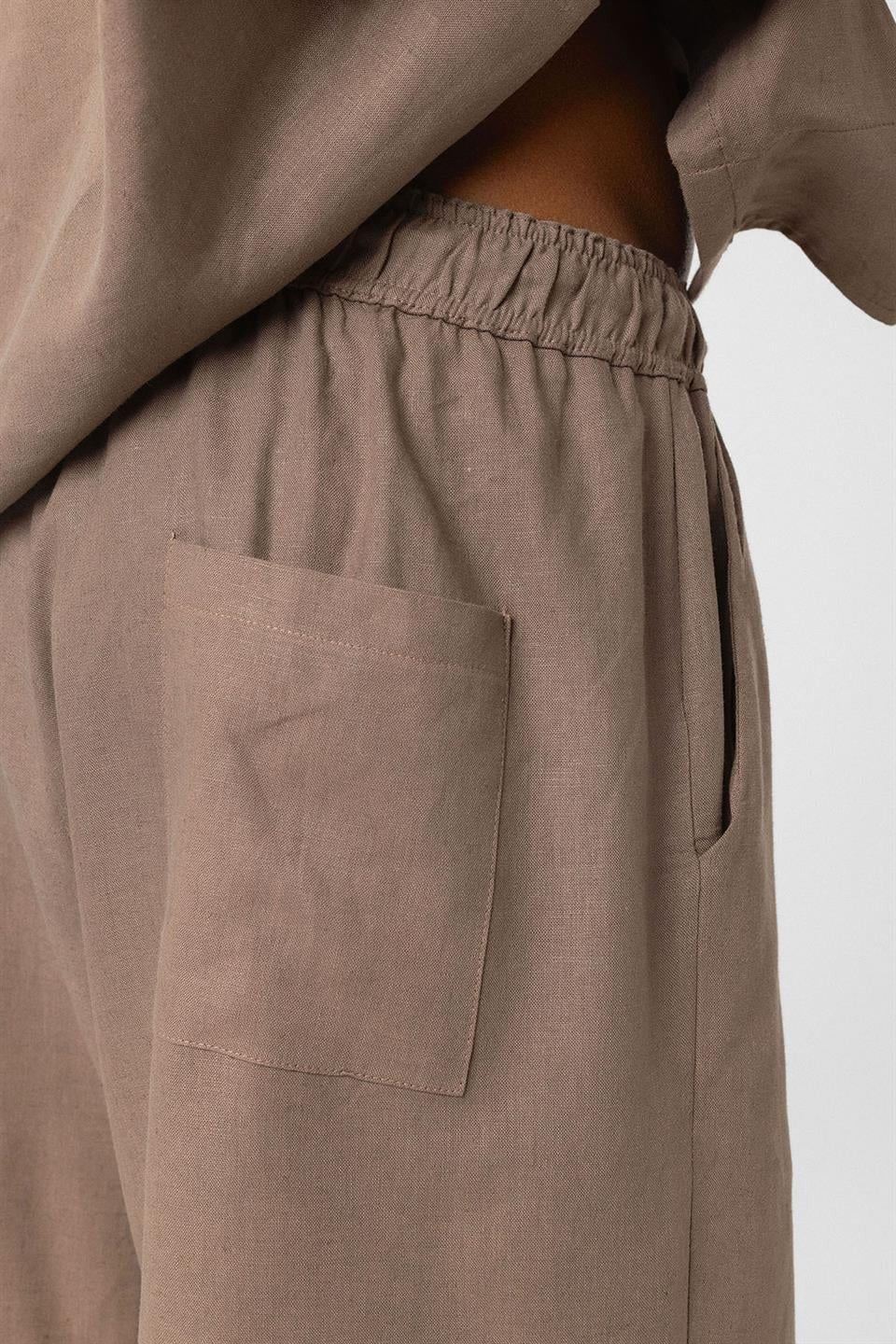 Oversize Çift Cepli Keten Şort