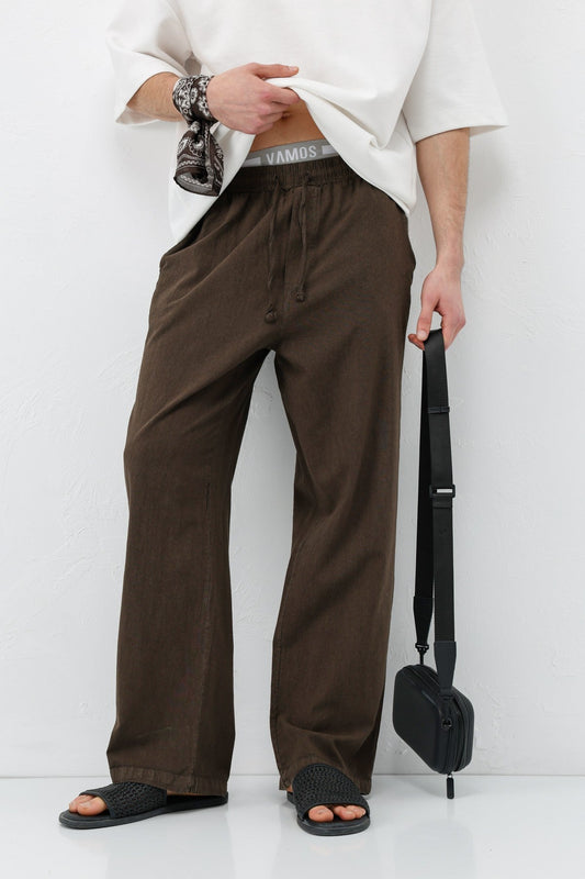 Bel Lastikli Baggy Fit Keten Pantolon