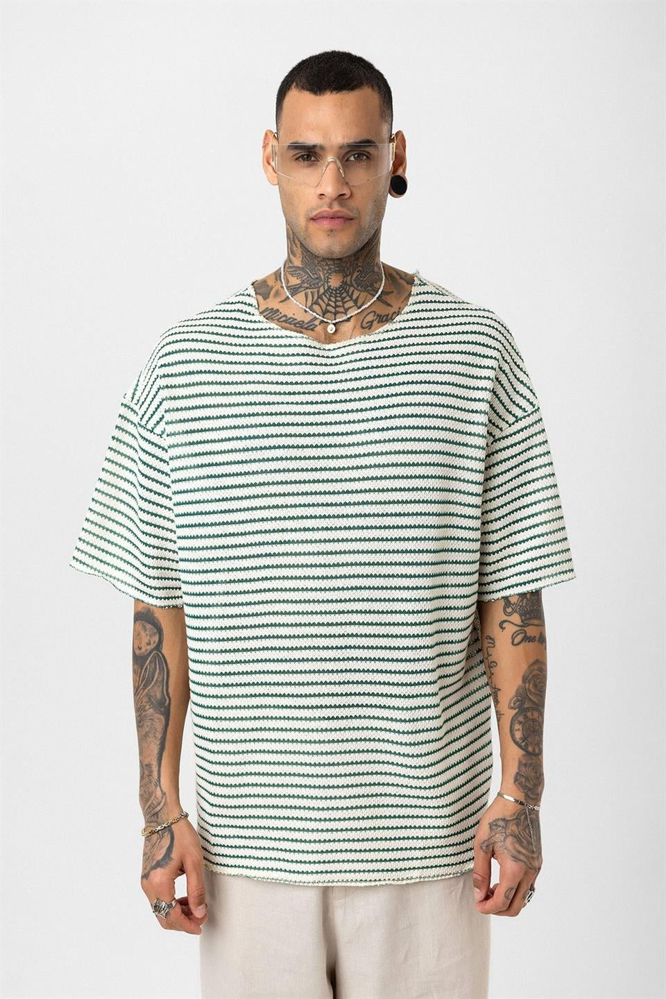 Çizgili Oversize Triko Tişört 30-773