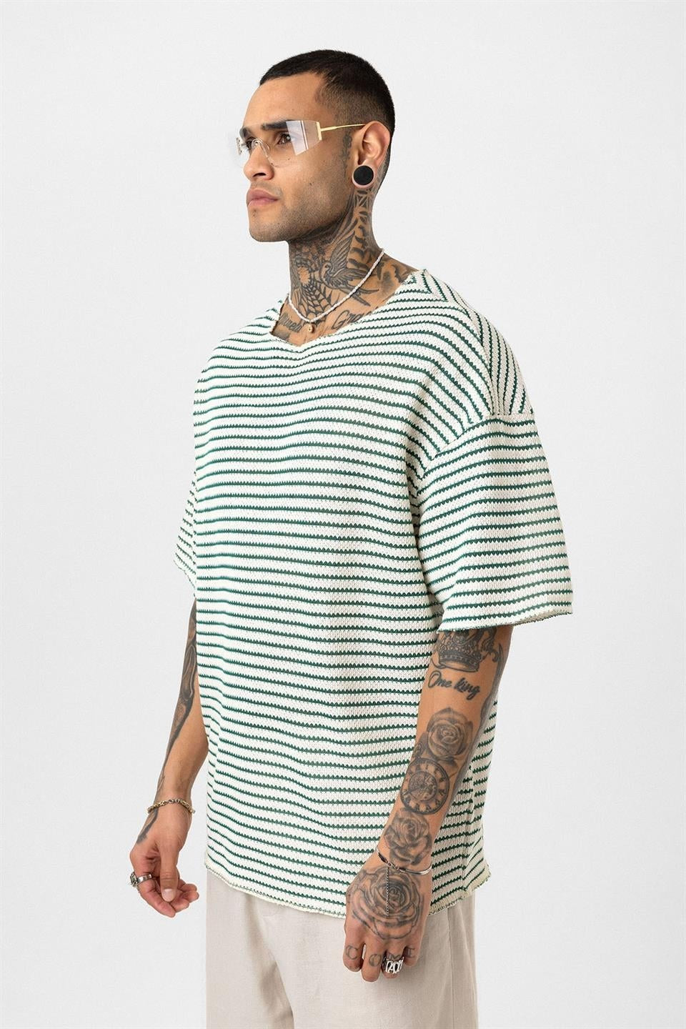 Çizgili Oversize Triko Tişört 30-773