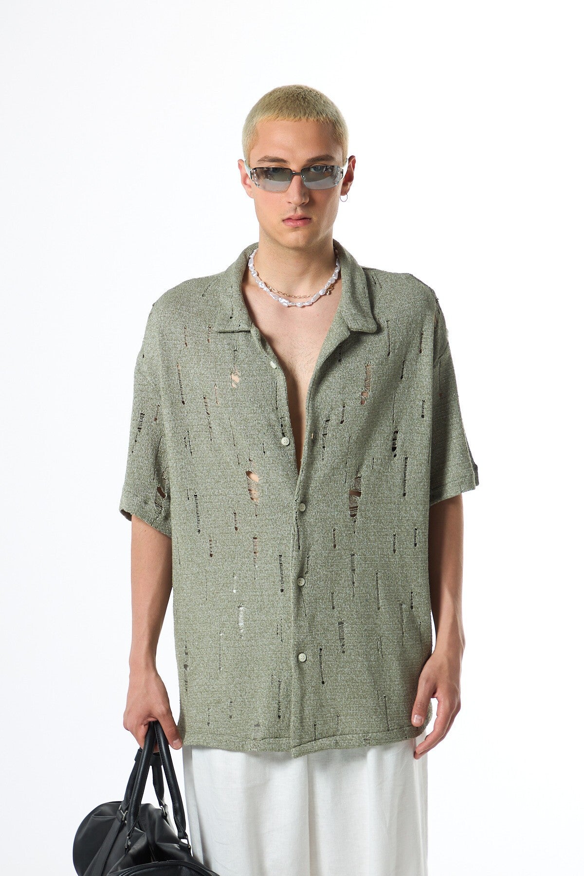 Oversize Deliklı Triko Gömlek