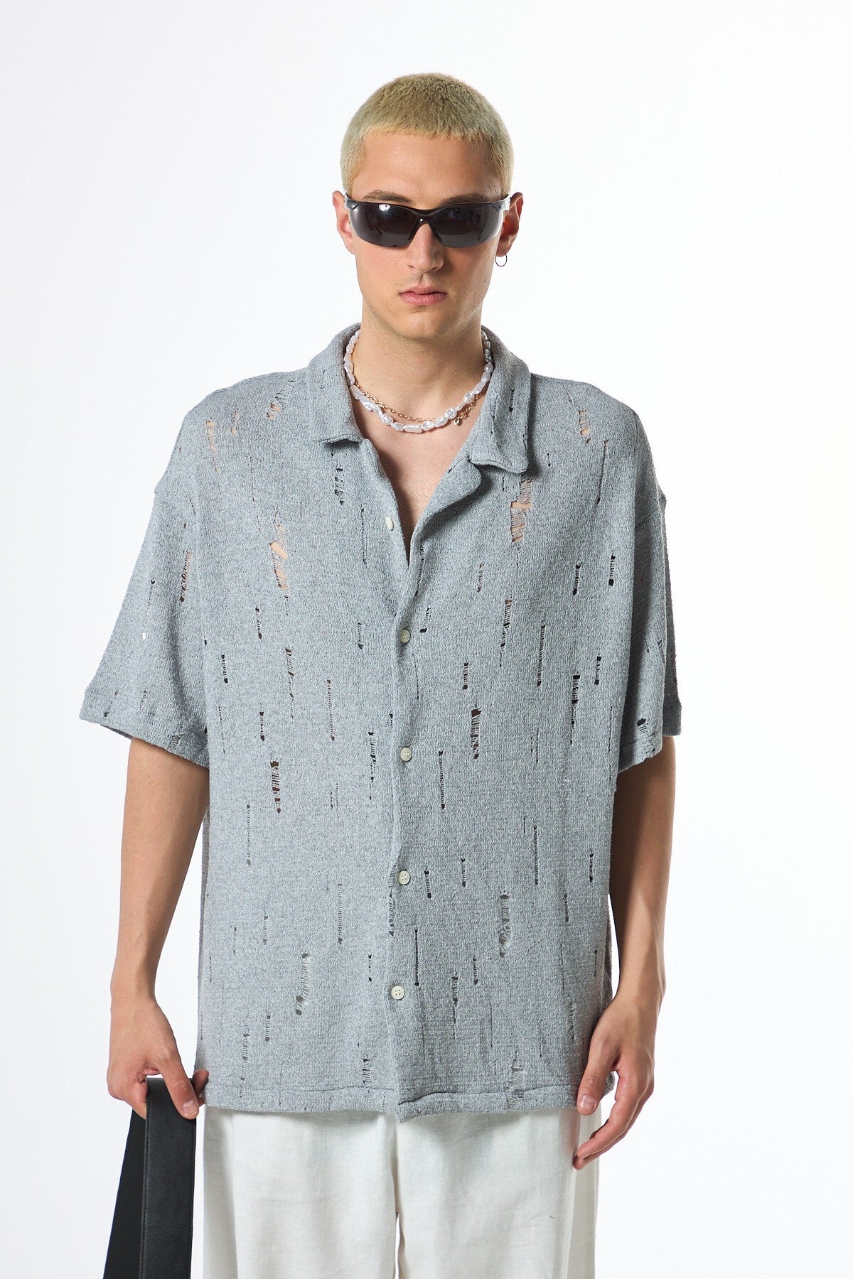 Oversize Deliklı Triko Gömlek