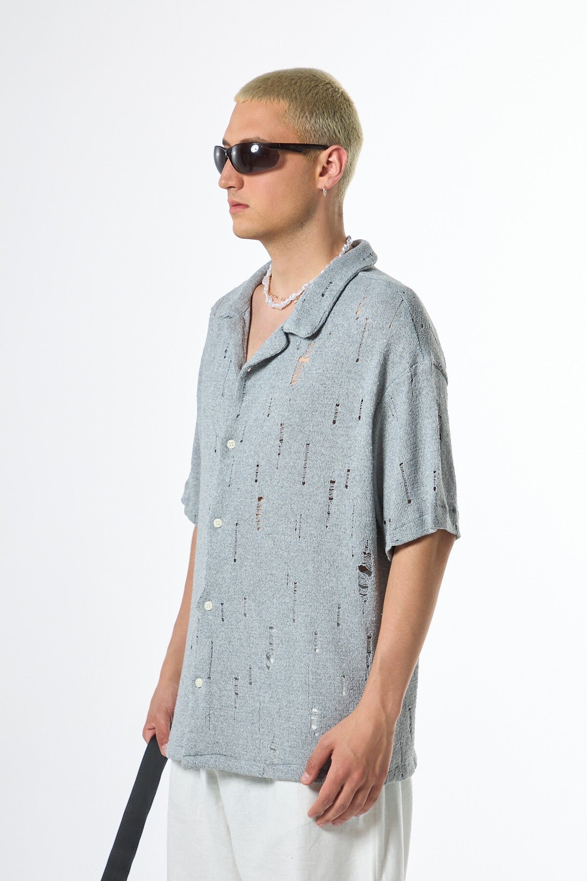Oversize Deliklı Triko Gömlek