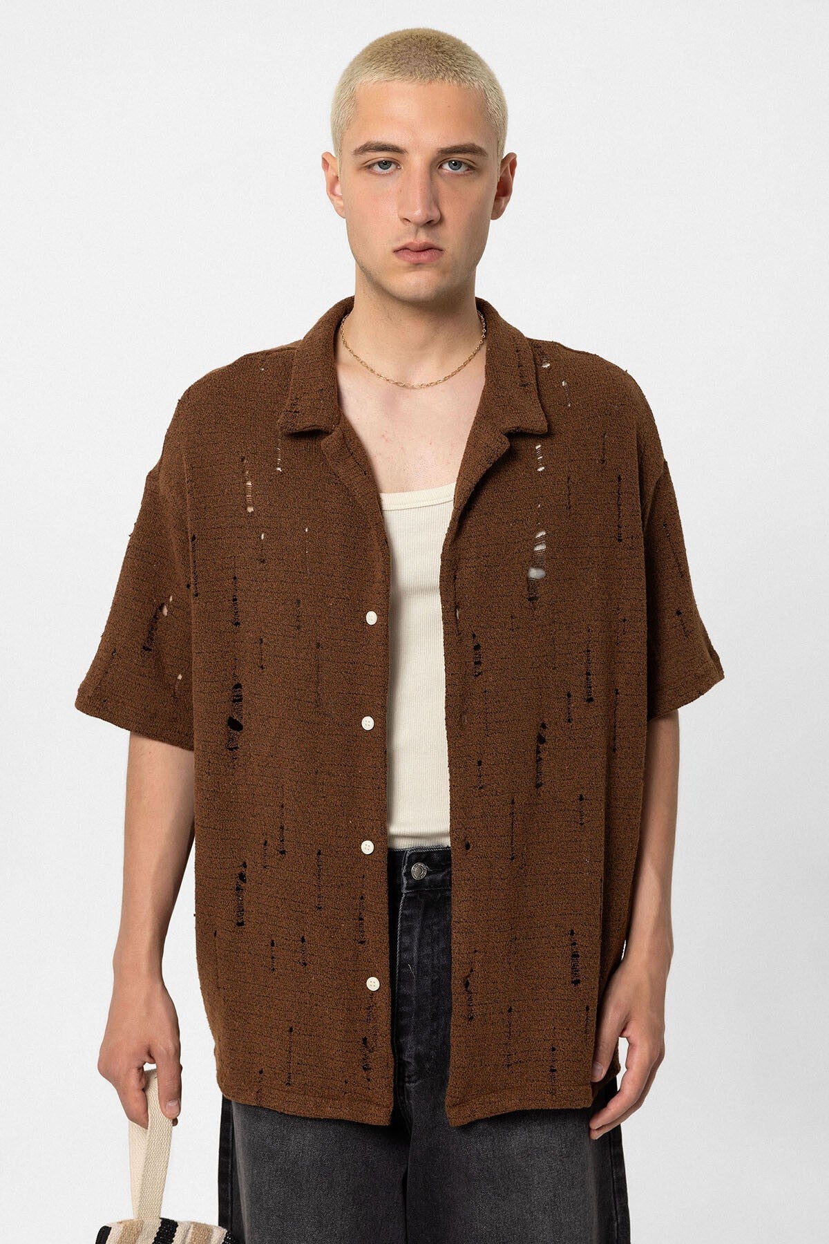 Oversize Deliklı Triko Gömlek