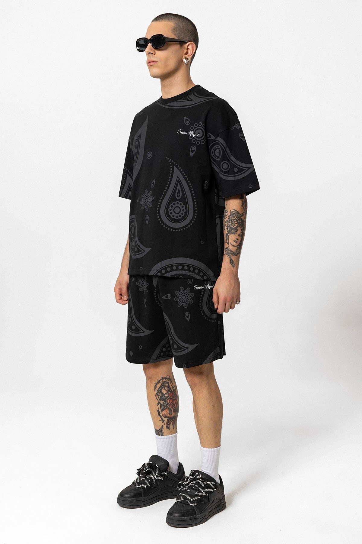 Oversize Desenli Şort Tişört Takım