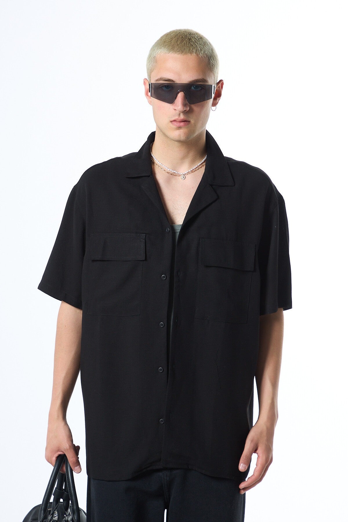 Oversize Çift Cepli Kısa Kol Keten Gömlek