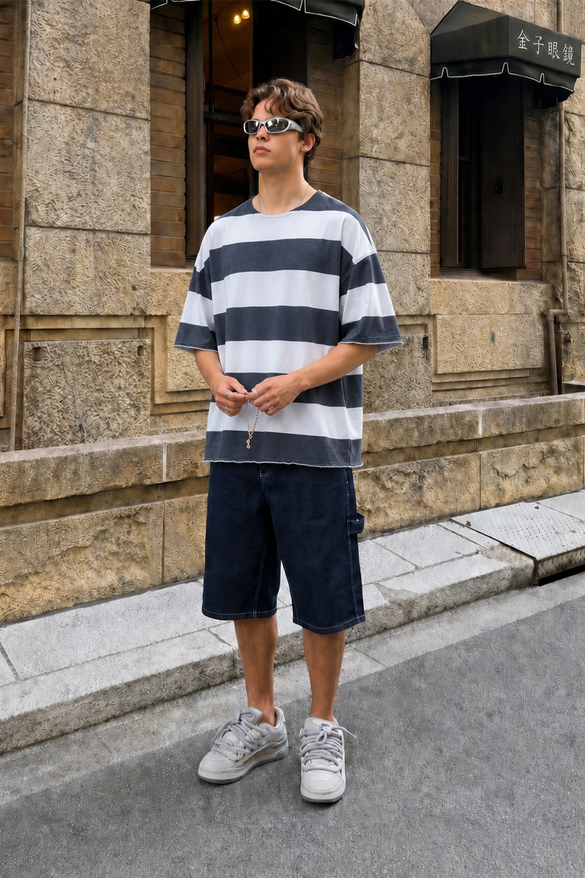 Dijital Baskılı Şeritli %100 Pamuk Oversize Tişört