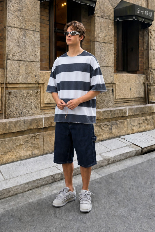 Dijital Baskılı Şeritli %100 Pamuk Oversize Tişört