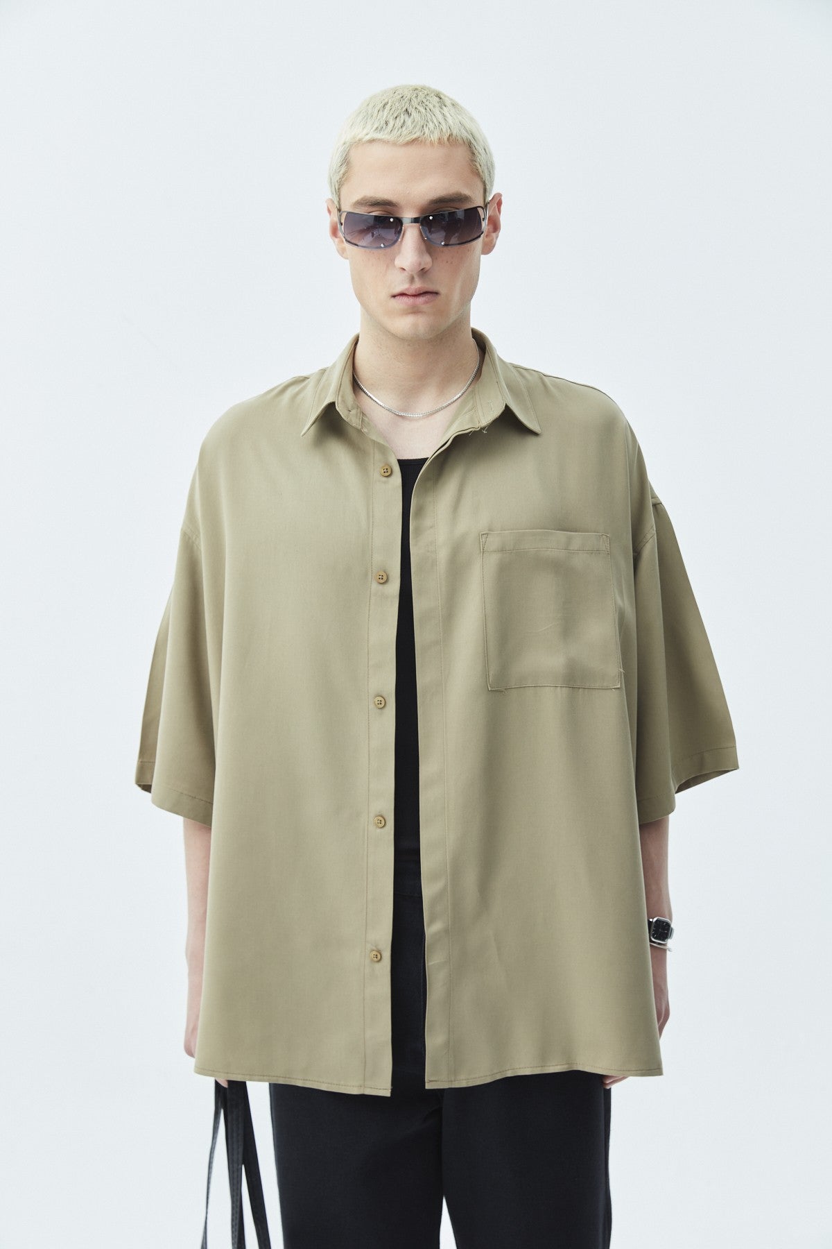 Oversize Tek Cepli Kısa Kol Keten Gömlek