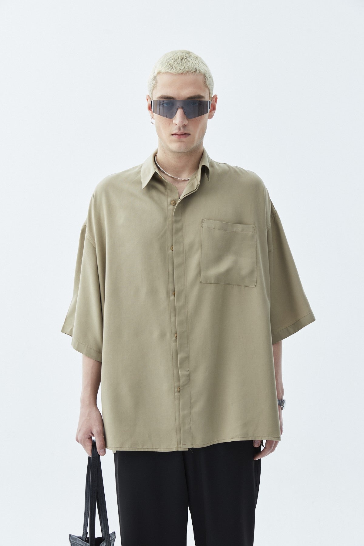 Oversize Tek Cepli Kısa Kol Keten Gömlek