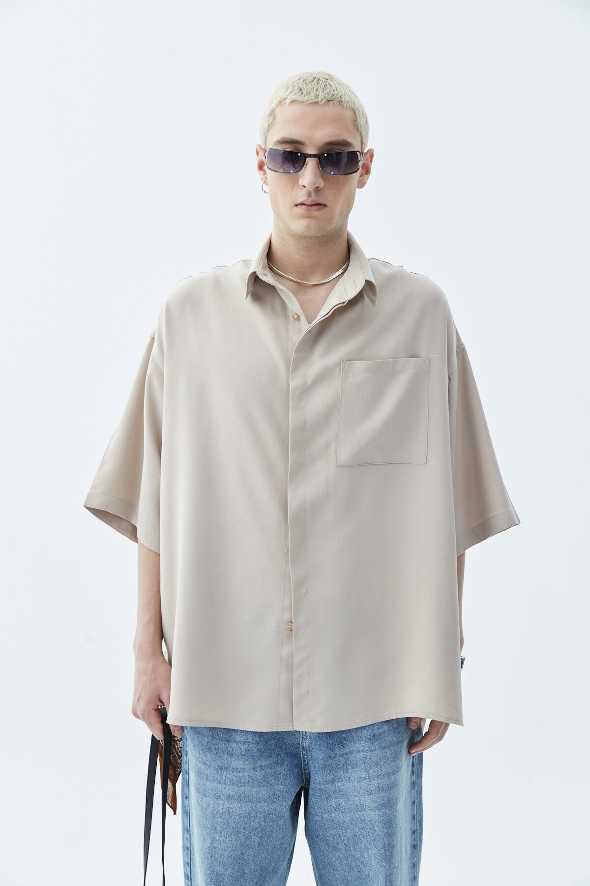 Oversize Tek Cepli Kısa Kol Keten Gömlek
