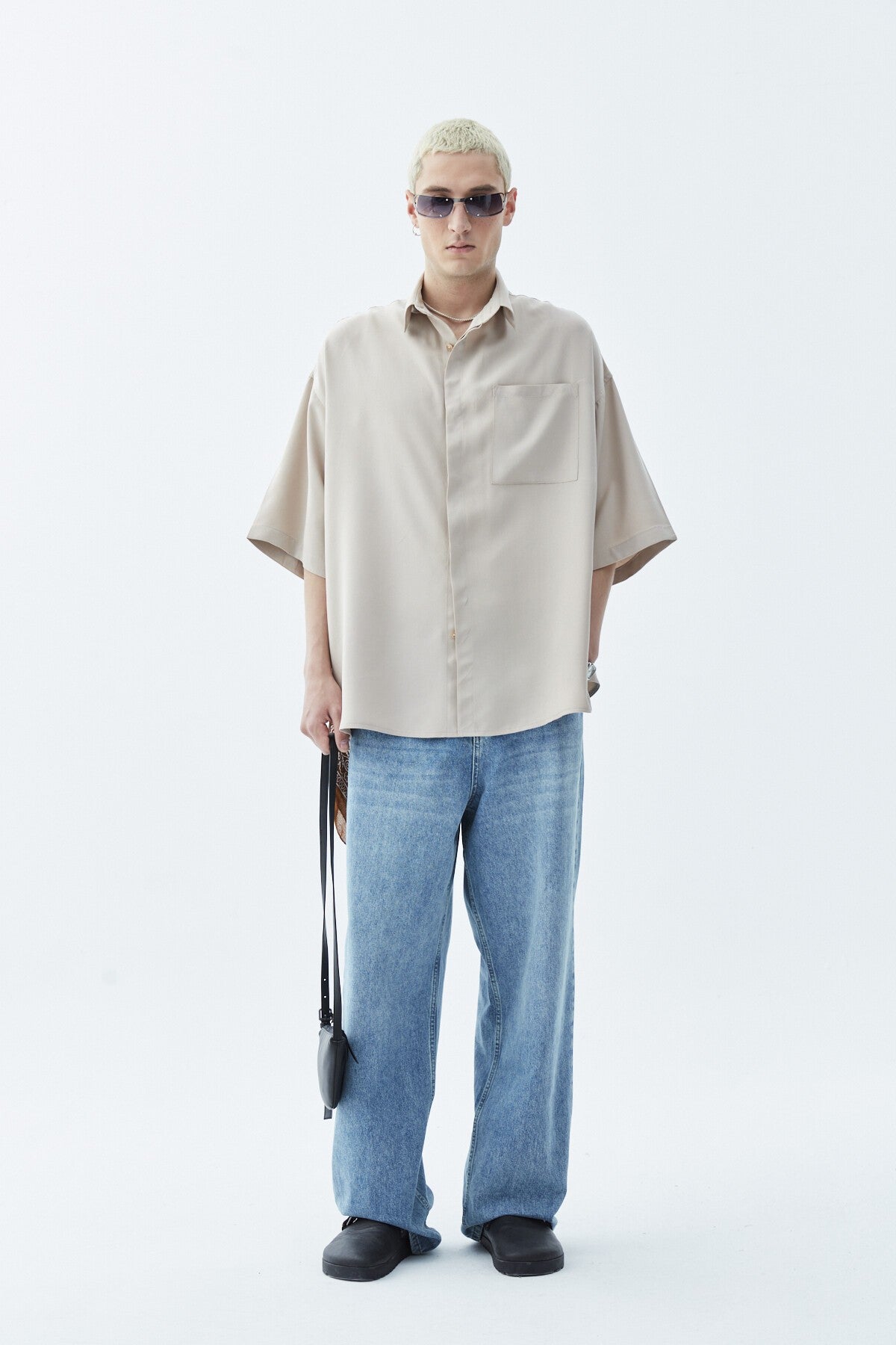 Oversize Tek Cepli Kısa Kol Keten Gömlek