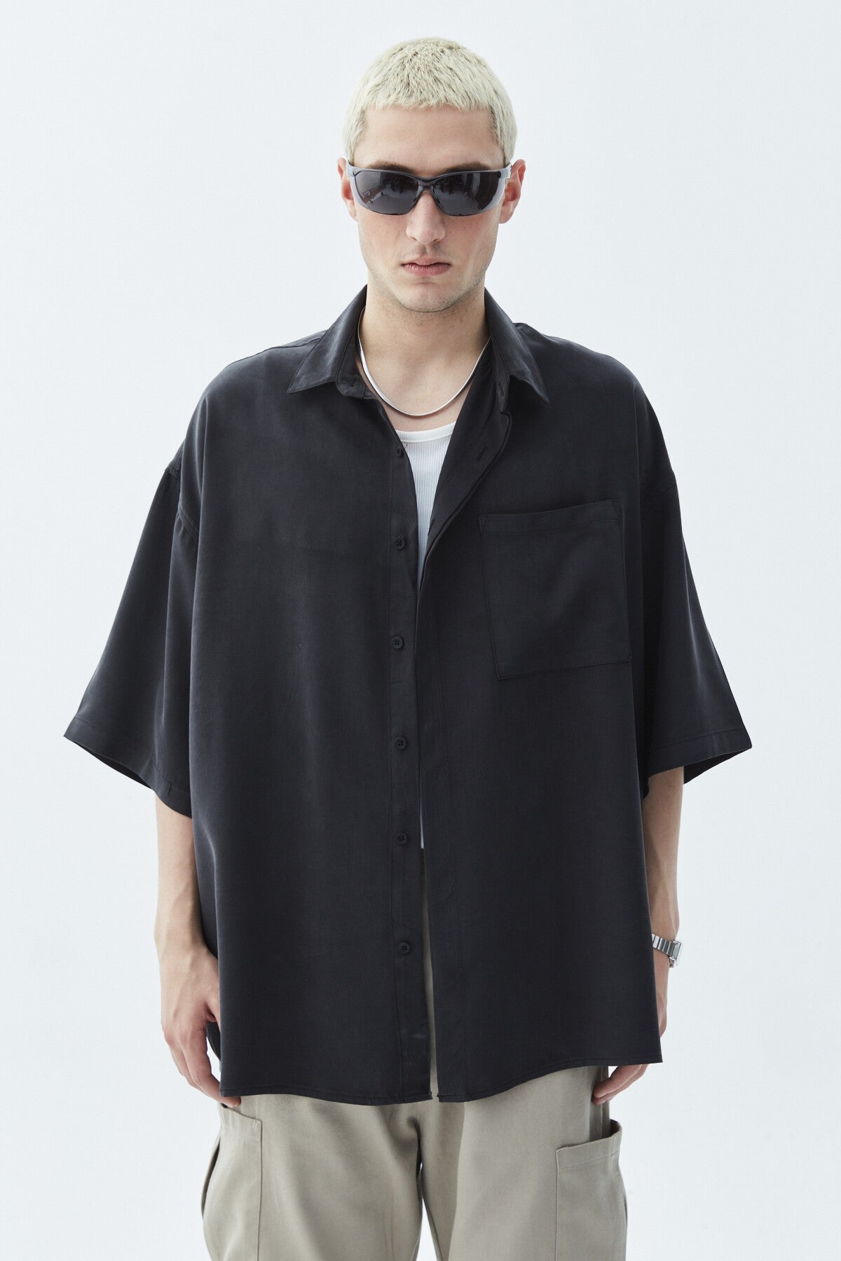 Oversize Tek Cepli Kısa Kol Keten Gömlek