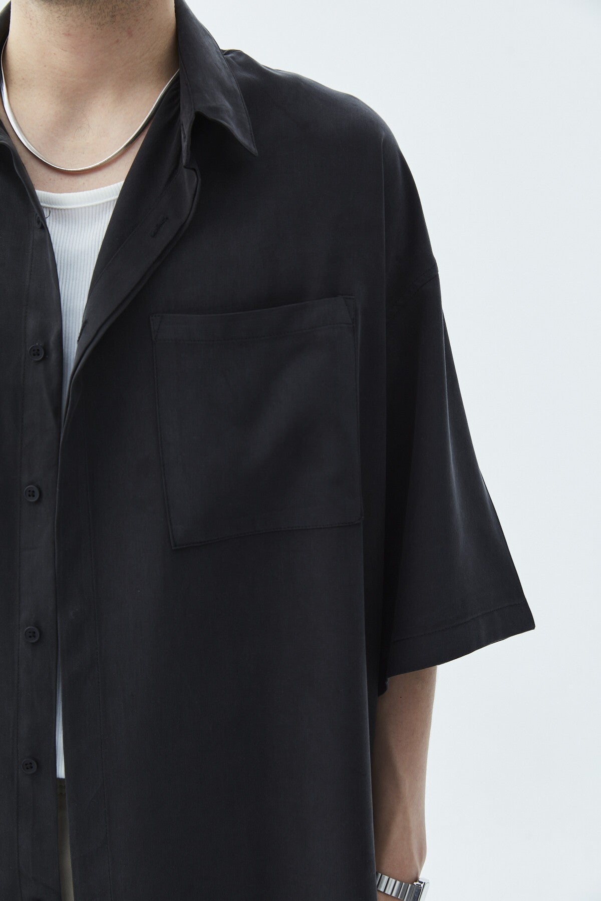 Oversize Tek Cepli Kısa Kol Keten Gömlek