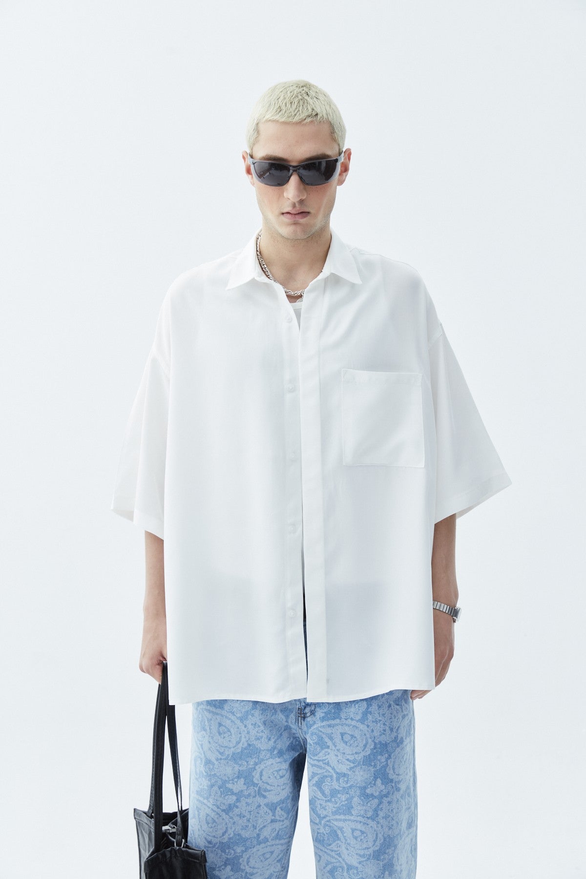 Oversize Tek Cepli Kısa Kol Keten Gömlek
