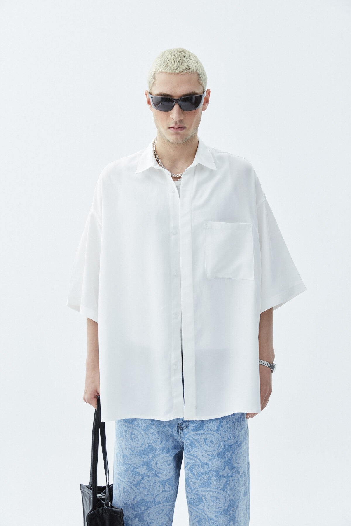 Oversize Tek Cepli Kısa Kol Keten Gömlek