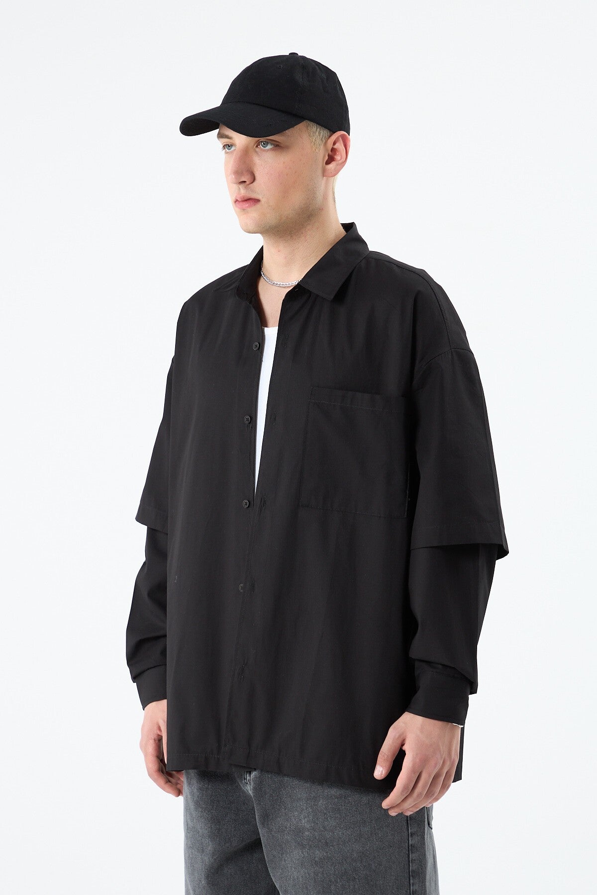 Oversize Çift Kol Detaylı Uzun Kol Gömlek