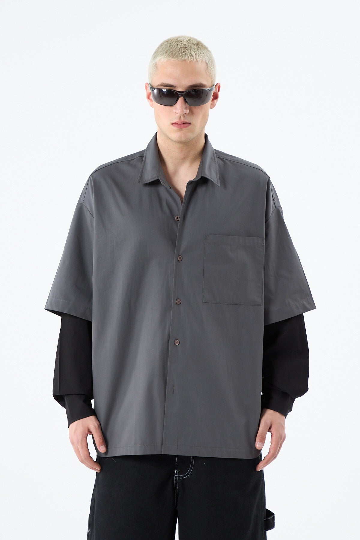 Oversize Çift Kol Detaylı Uzun Kol Gömlek