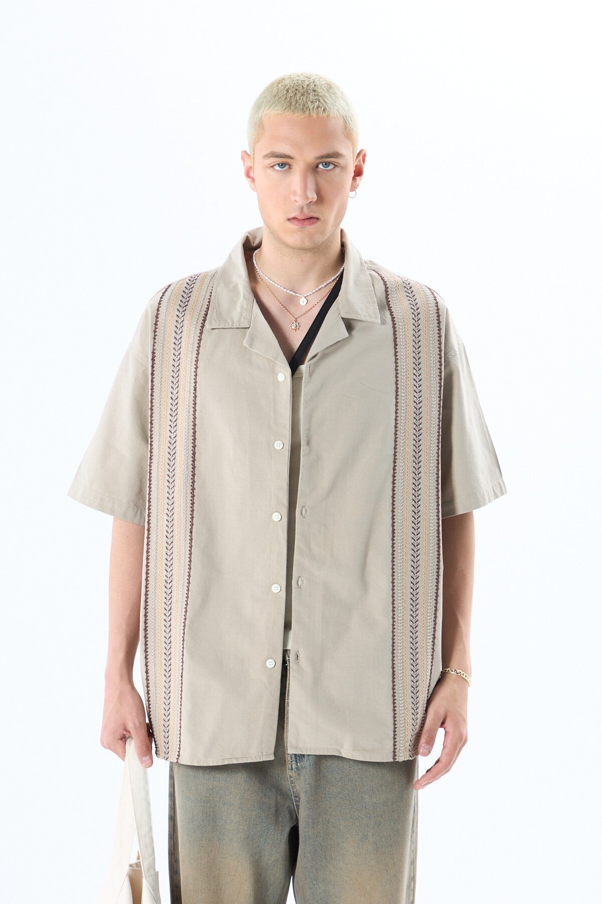Nakış Detaylı Cepsiz Kısa Kol Oversize Keten Gömlek