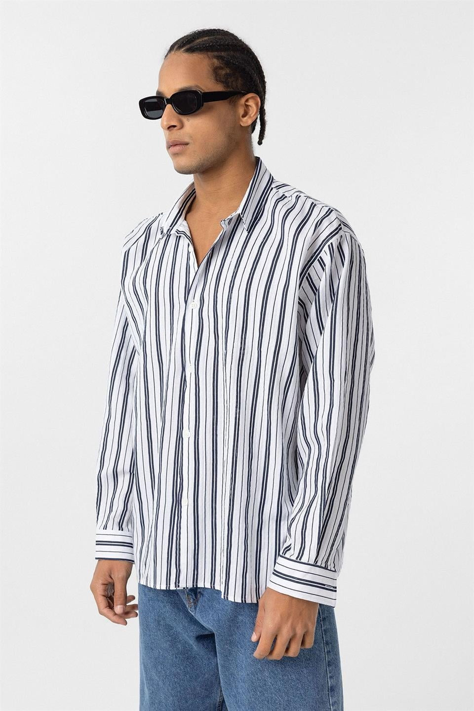 Çizgili Uzun Kollu Oversize Keten Gömlek