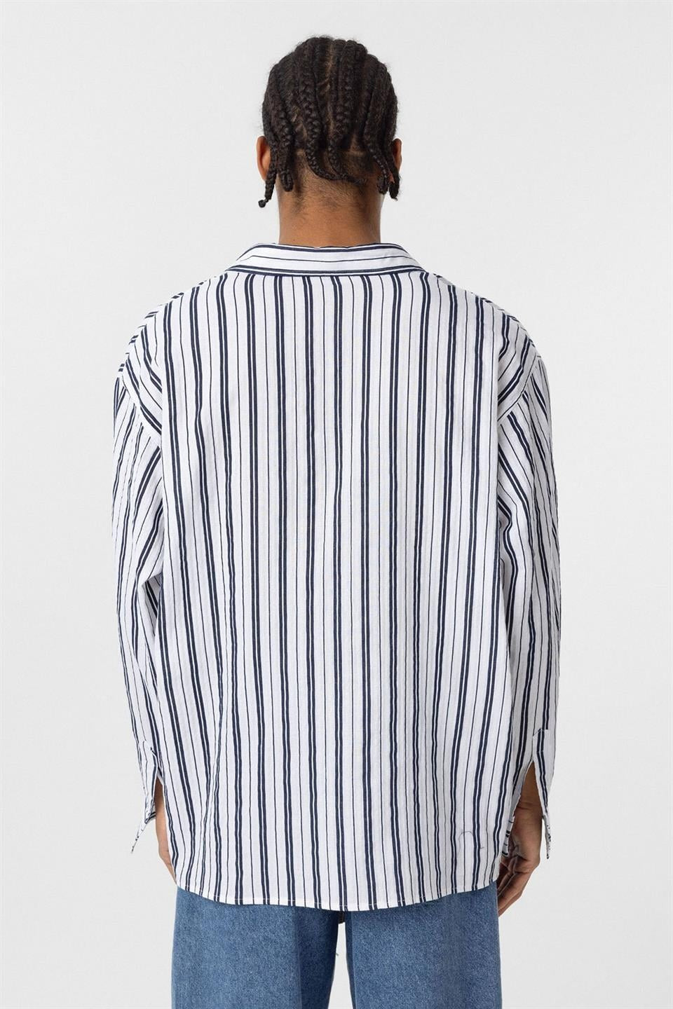 Çizgili Uzun Kollu Oversize Keten Gömlek