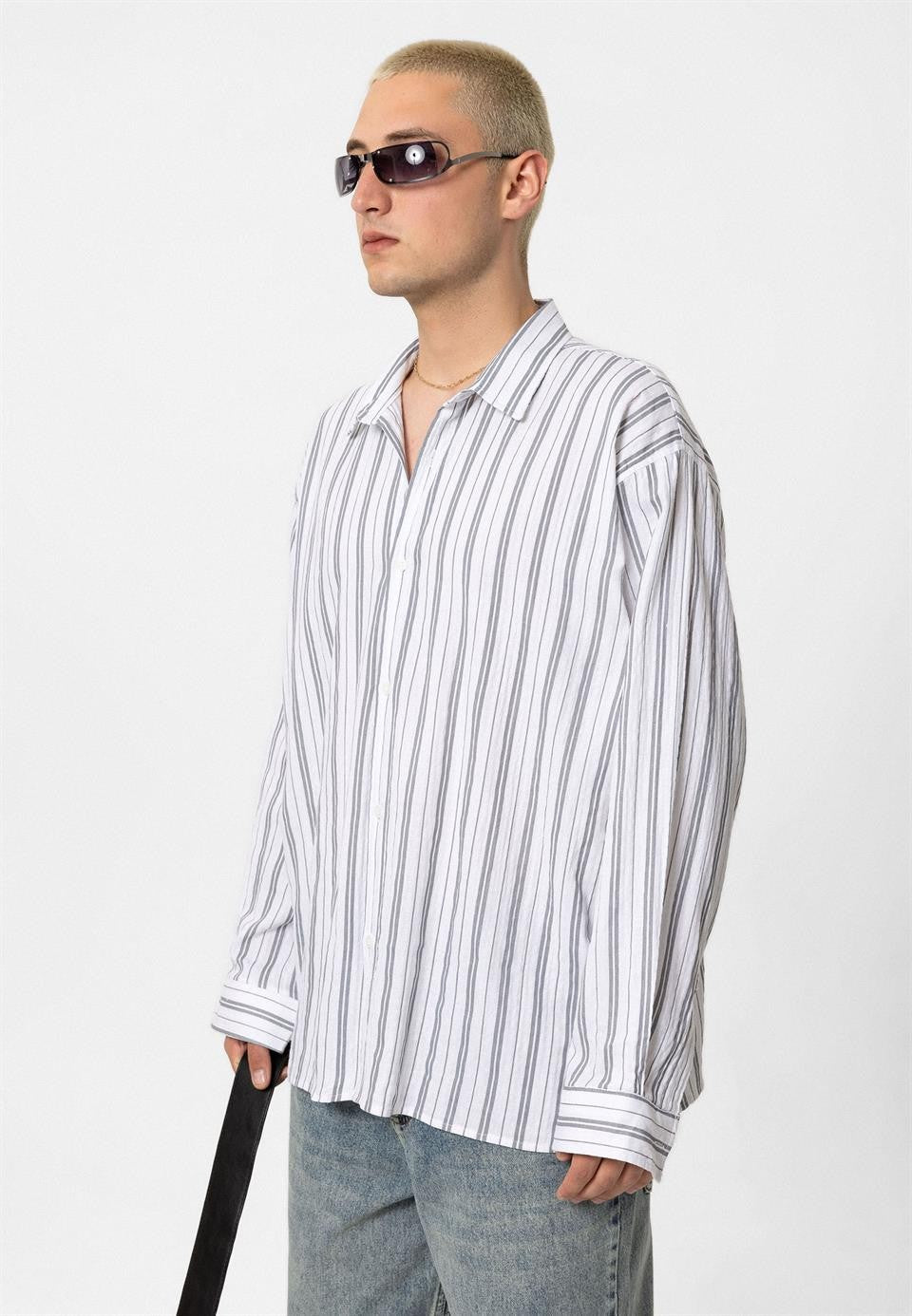 Çizgili Uzun Kollu Oversize Keten Gömlek