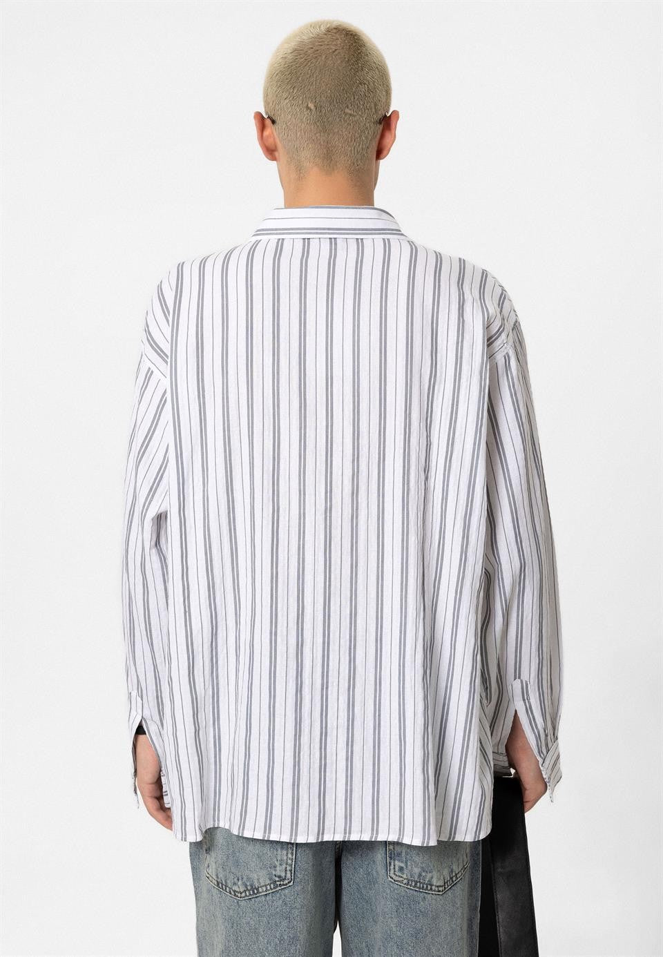 Çizgili Uzun Kollu Oversize Keten Gömlek