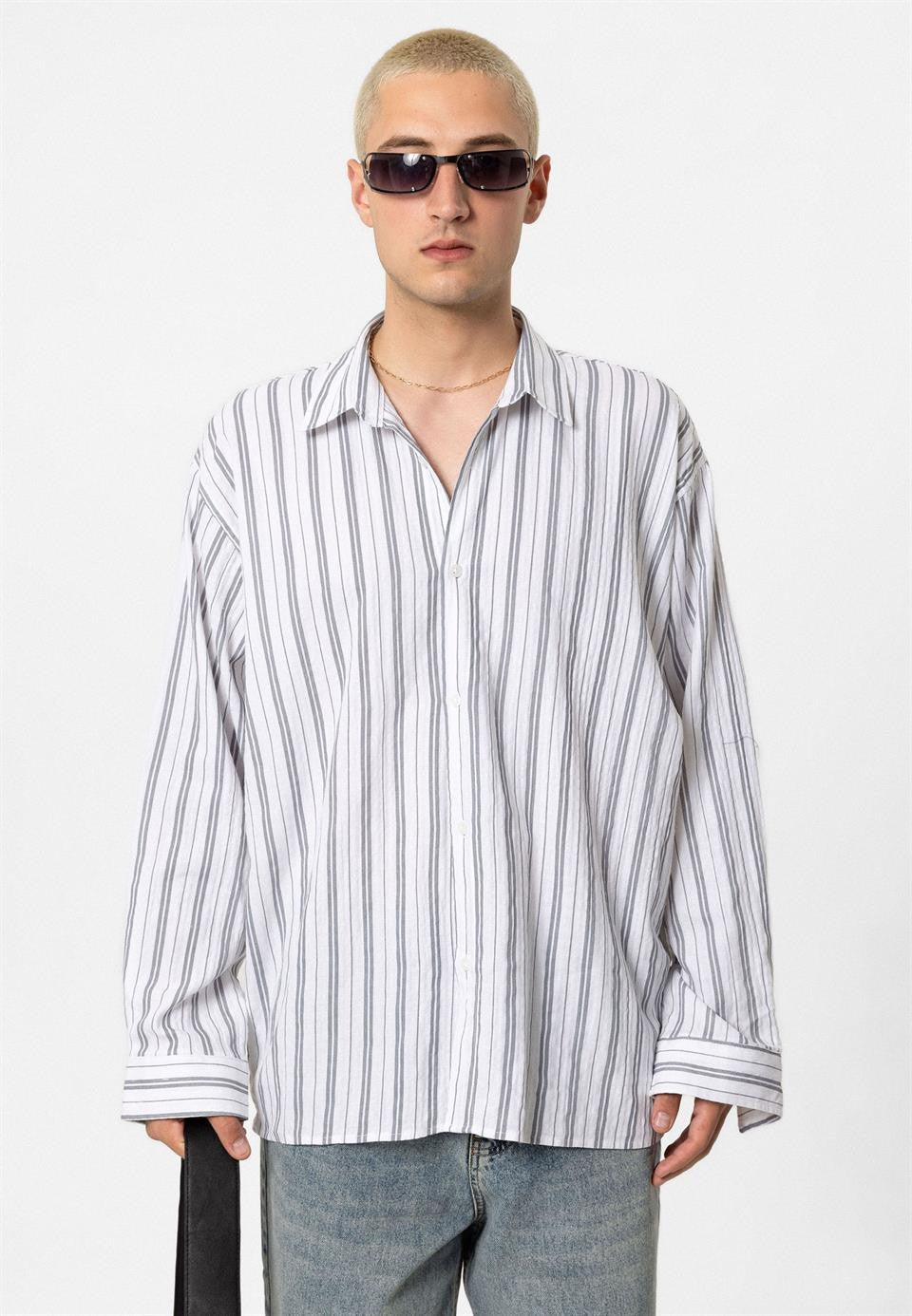 Çizgili Uzun Kollu Oversize Keten Gömlek