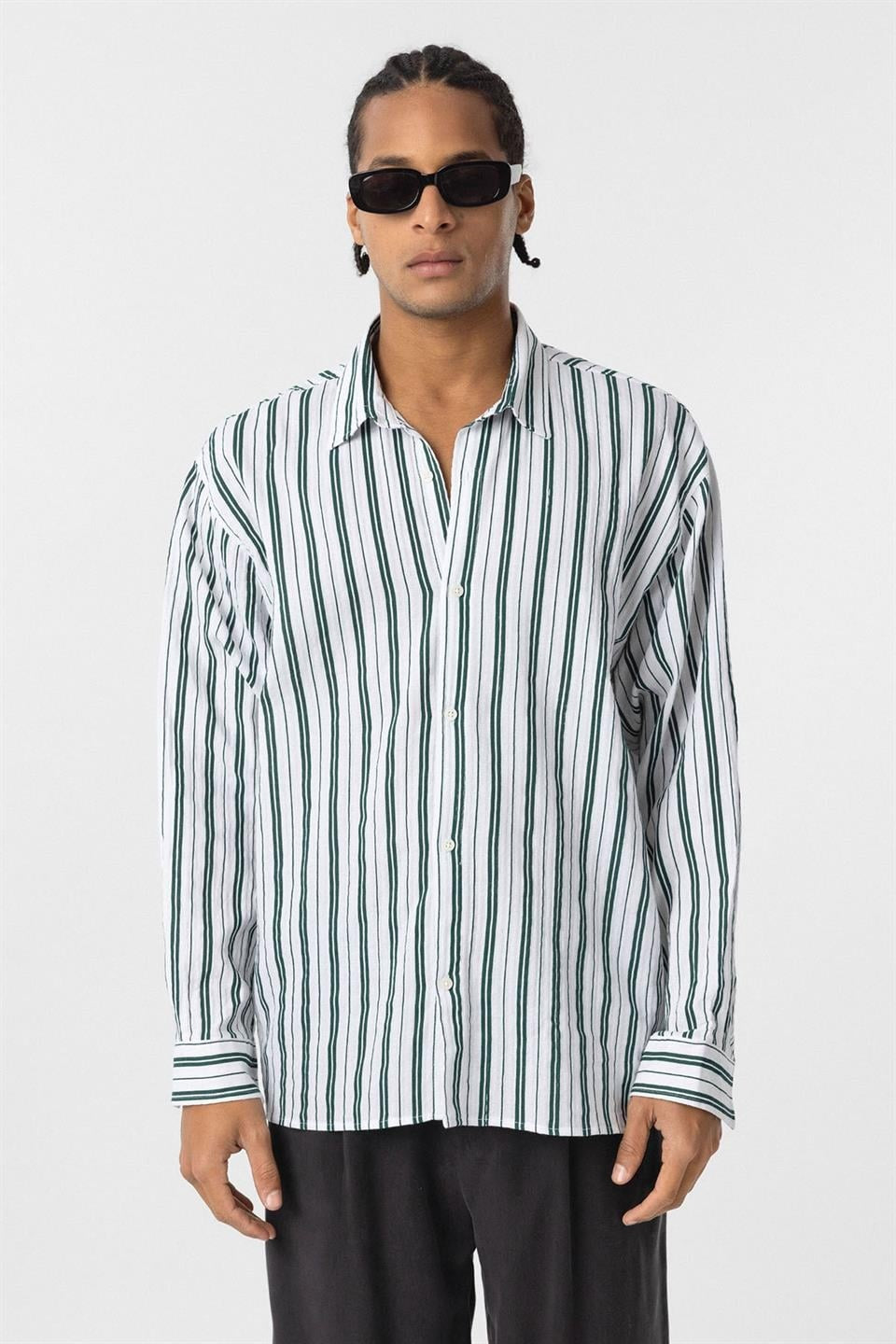 Çizgili Uzun Kollu Oversize Keten Gömlek