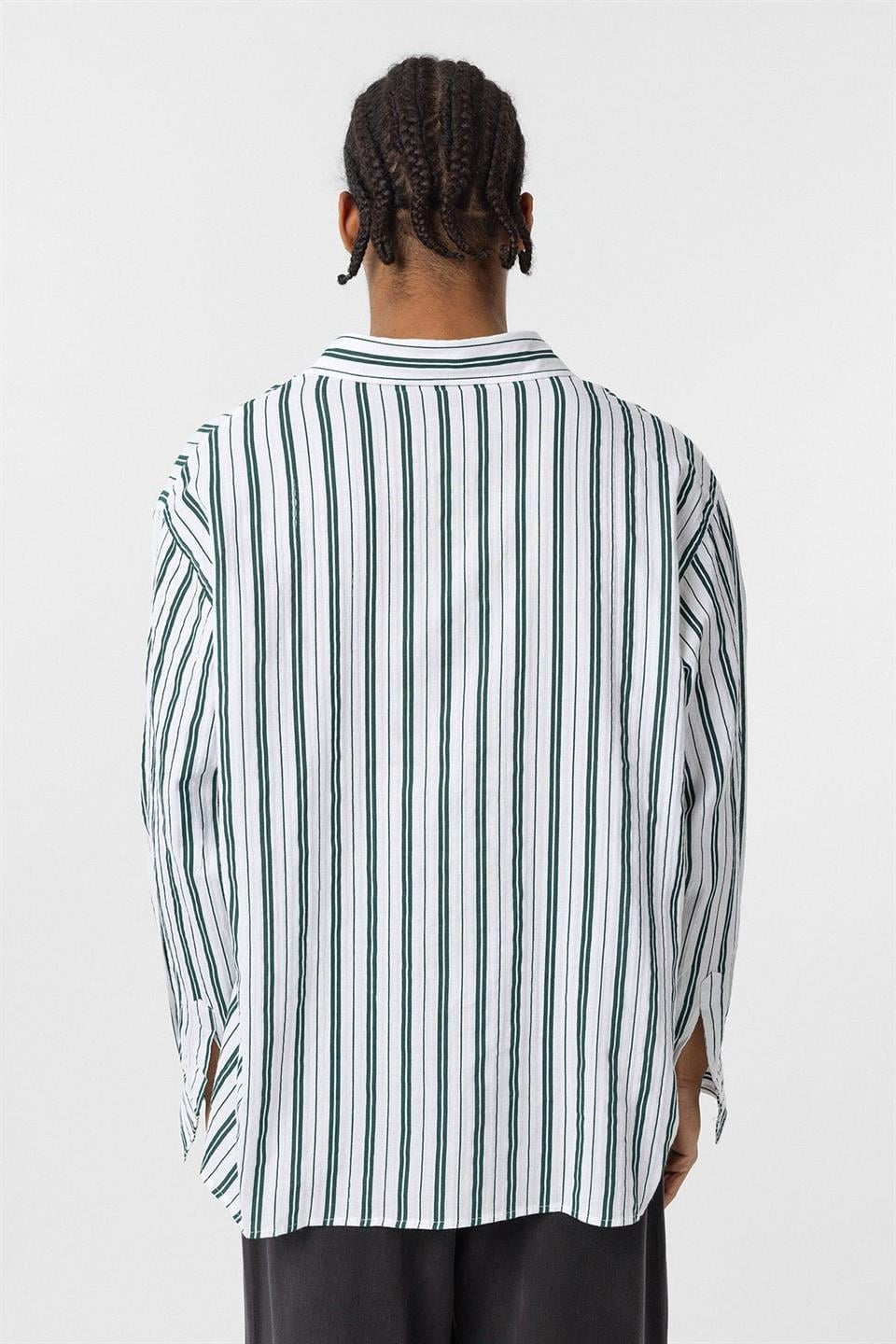 Çizgili Uzun Kollu Oversize Keten Gömlek