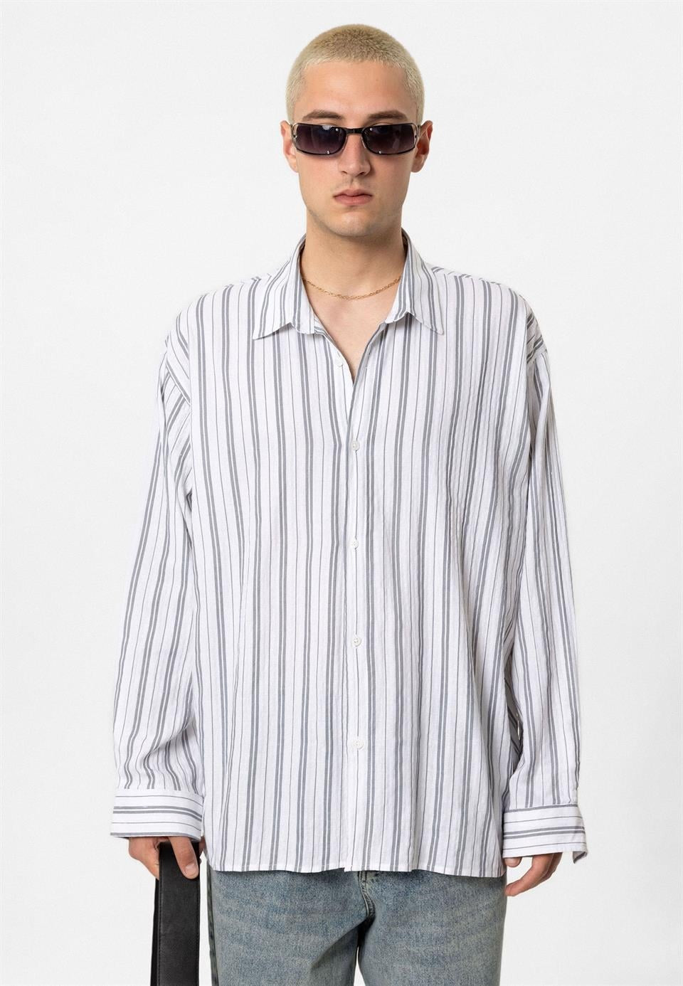 Çizgili Uzun Kollu Oversize Keten Gömlek