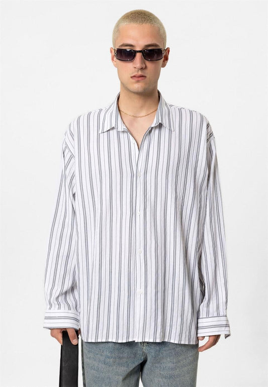 Çizgili Uzun Kollu Oversize Keten Gömlek