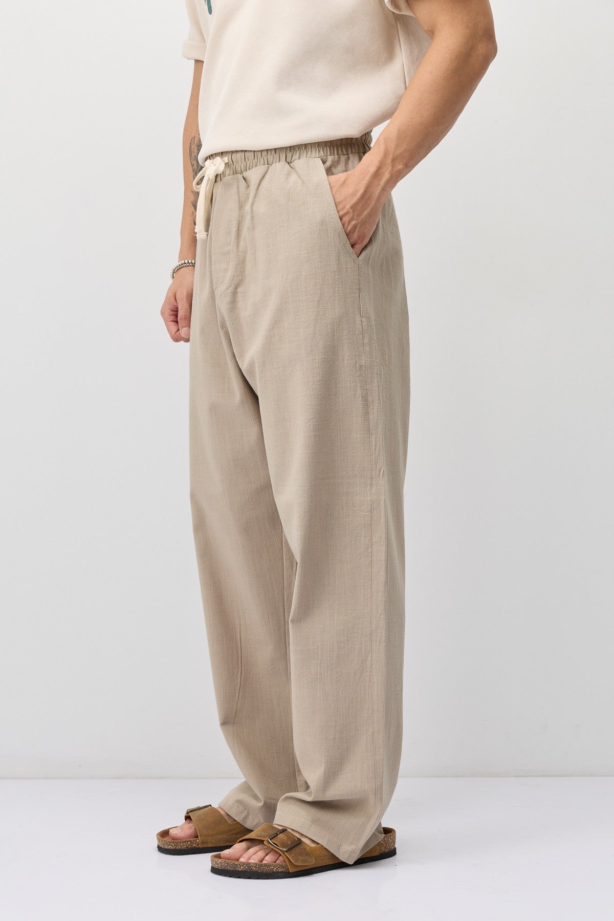 Bağcıklı Baggy Fit Keten Pantolon