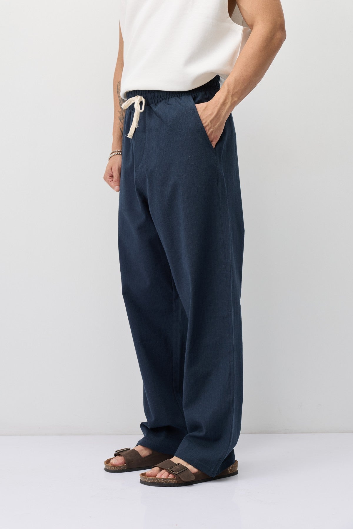 Bağcıklı Baggy Fit Keten Pantolon