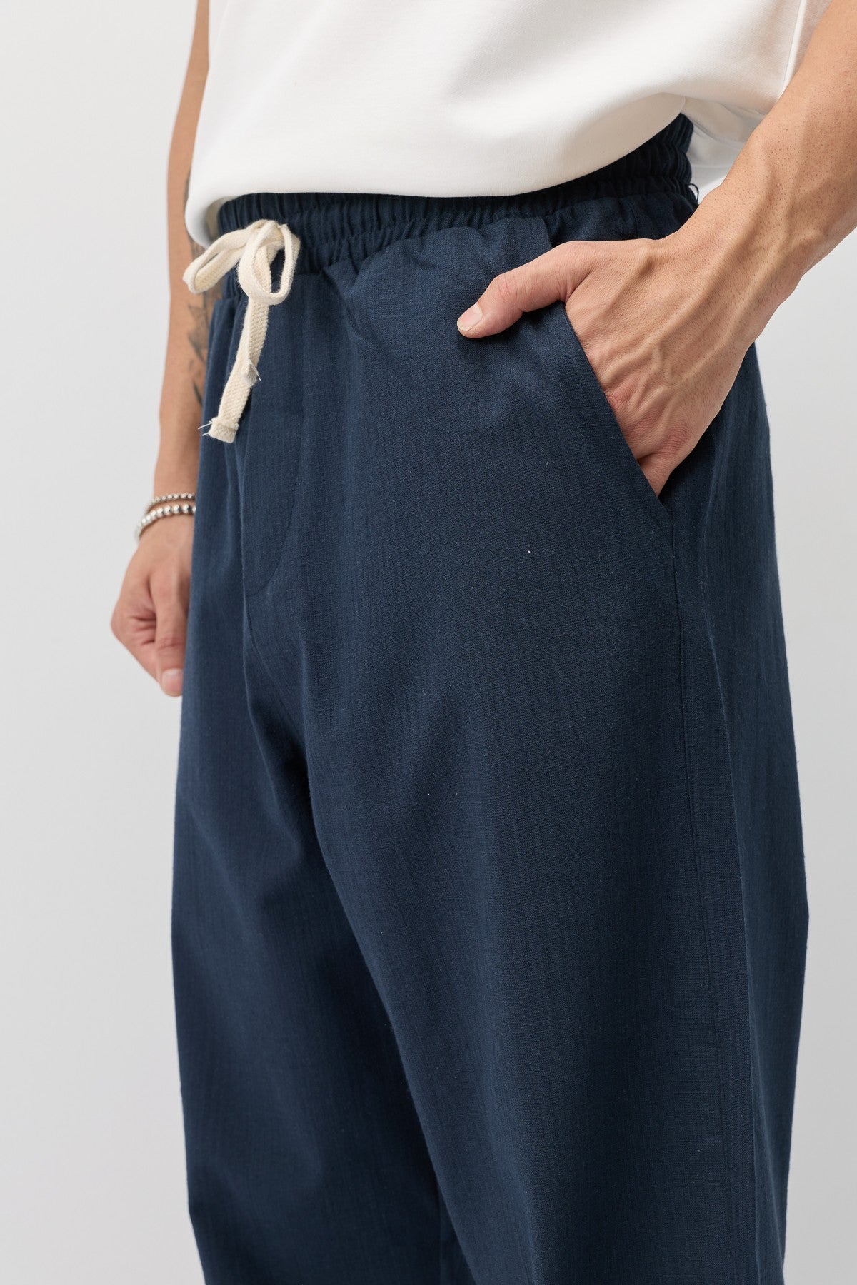 Bağcıklı Baggy Fit Keten Pantolon