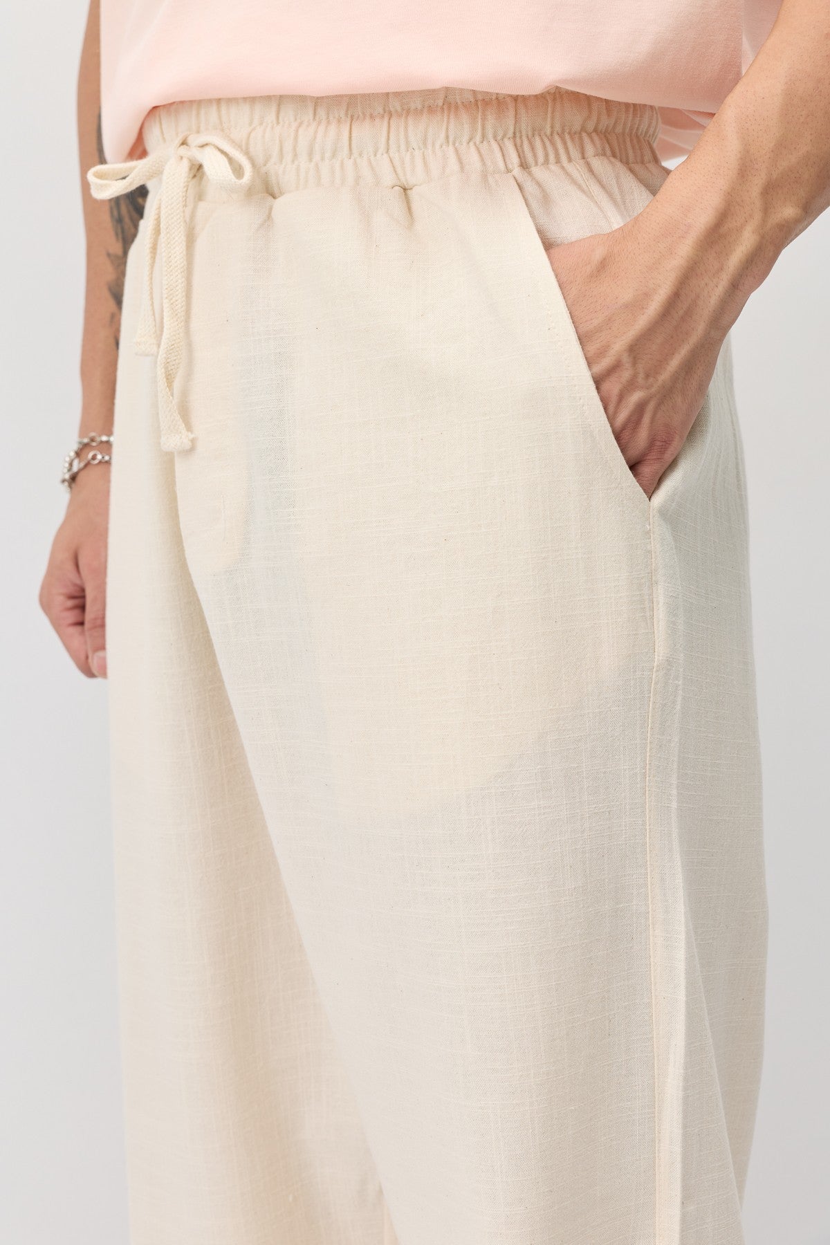 Bağcıklı Baggy Fit Keten Pantolon