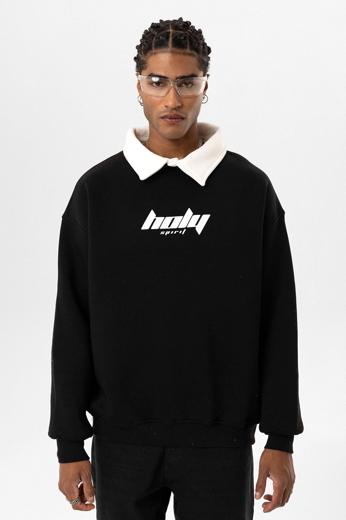 Polo Yaka Oversize Baskılı Sweatshirt