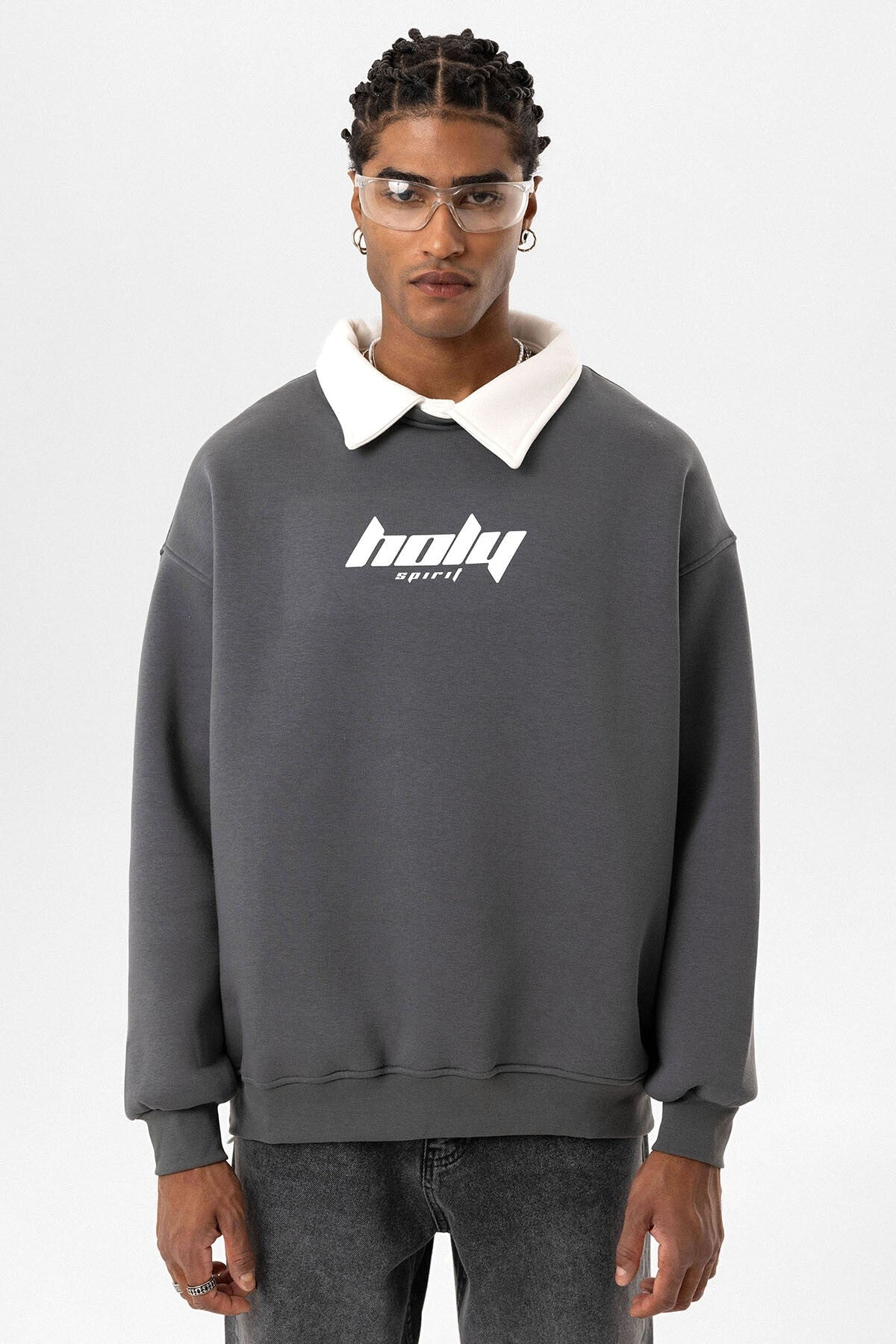 Polo Yaka Oversize Baskılı Sweatshirt