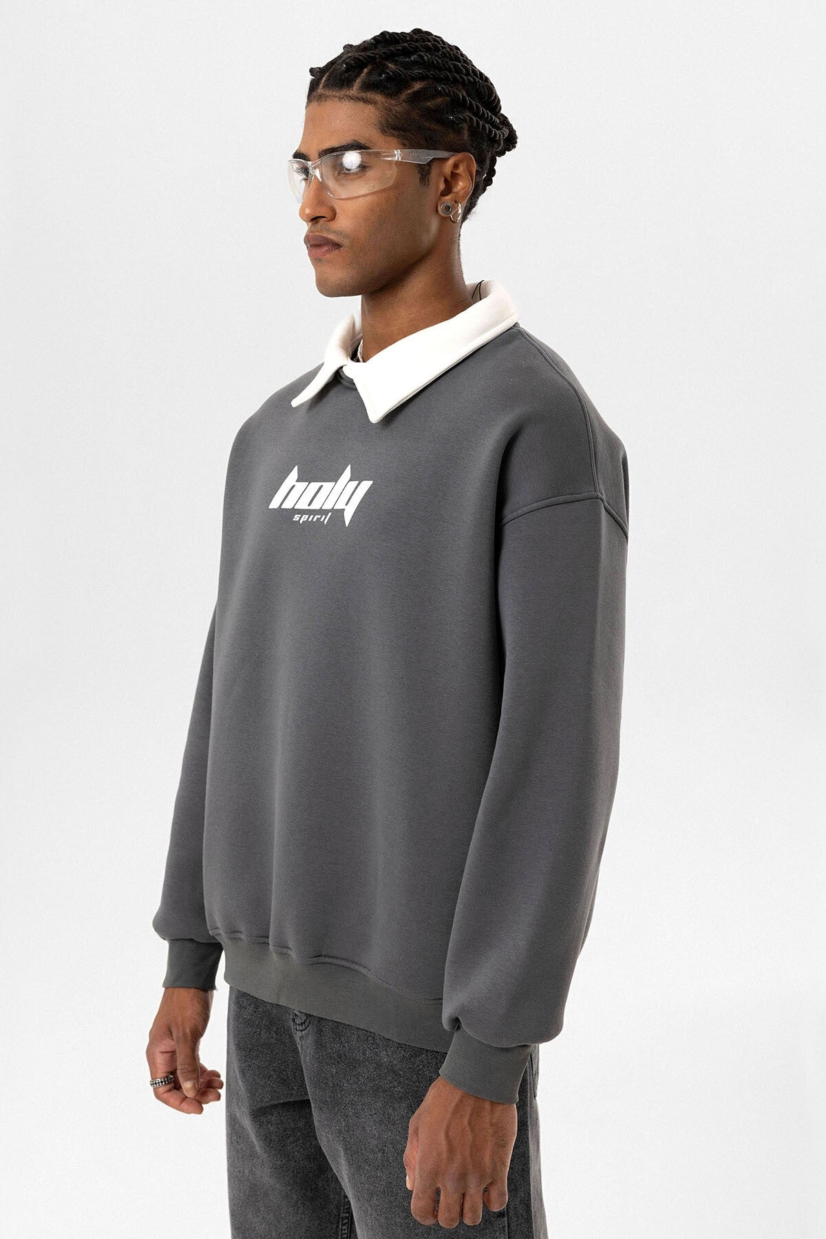 Polo Yaka Oversize Baskılı Sweatshirt