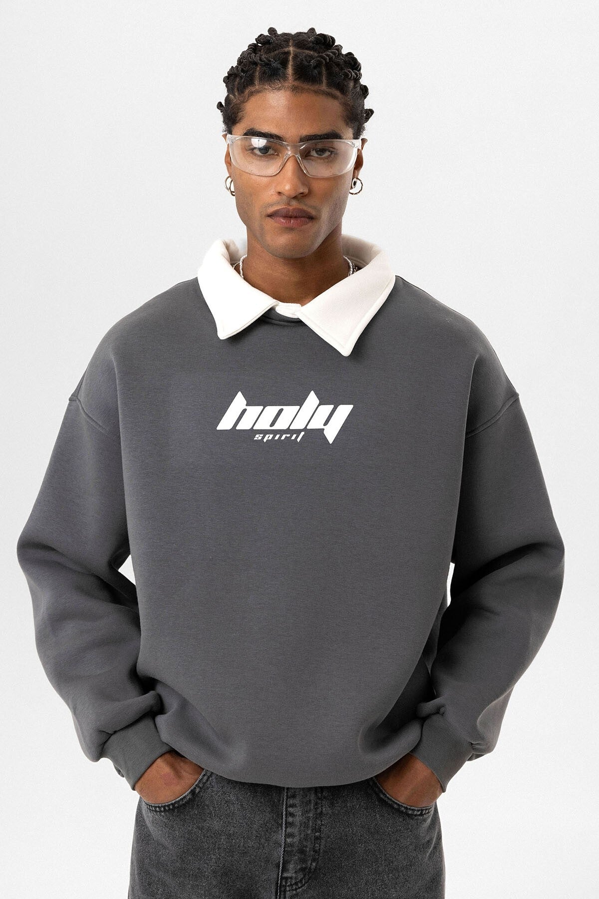 Polo Yaka Oversize Baskılı Sweatshirt