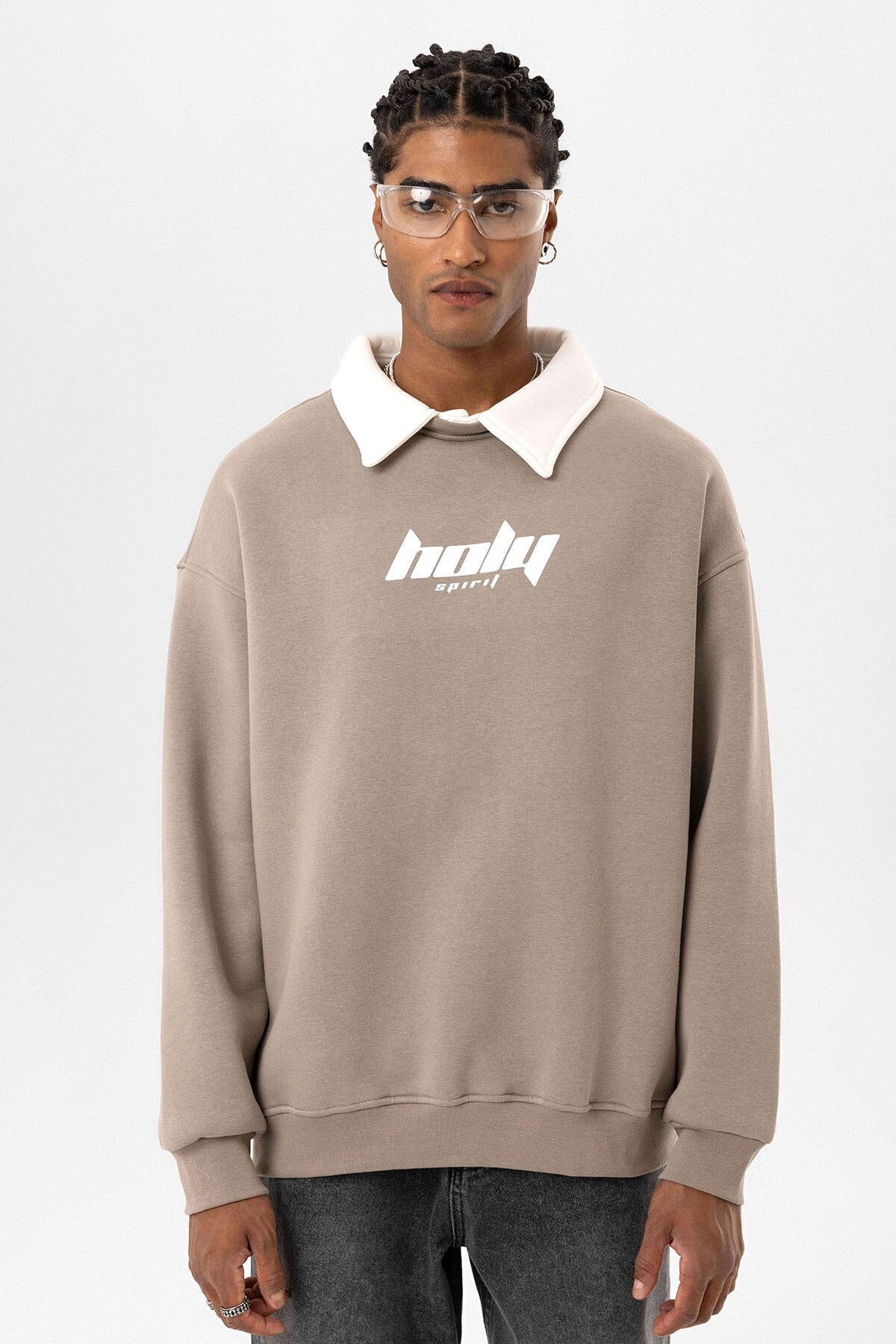 Polo Yaka Oversize Baskılı Sweatshirt