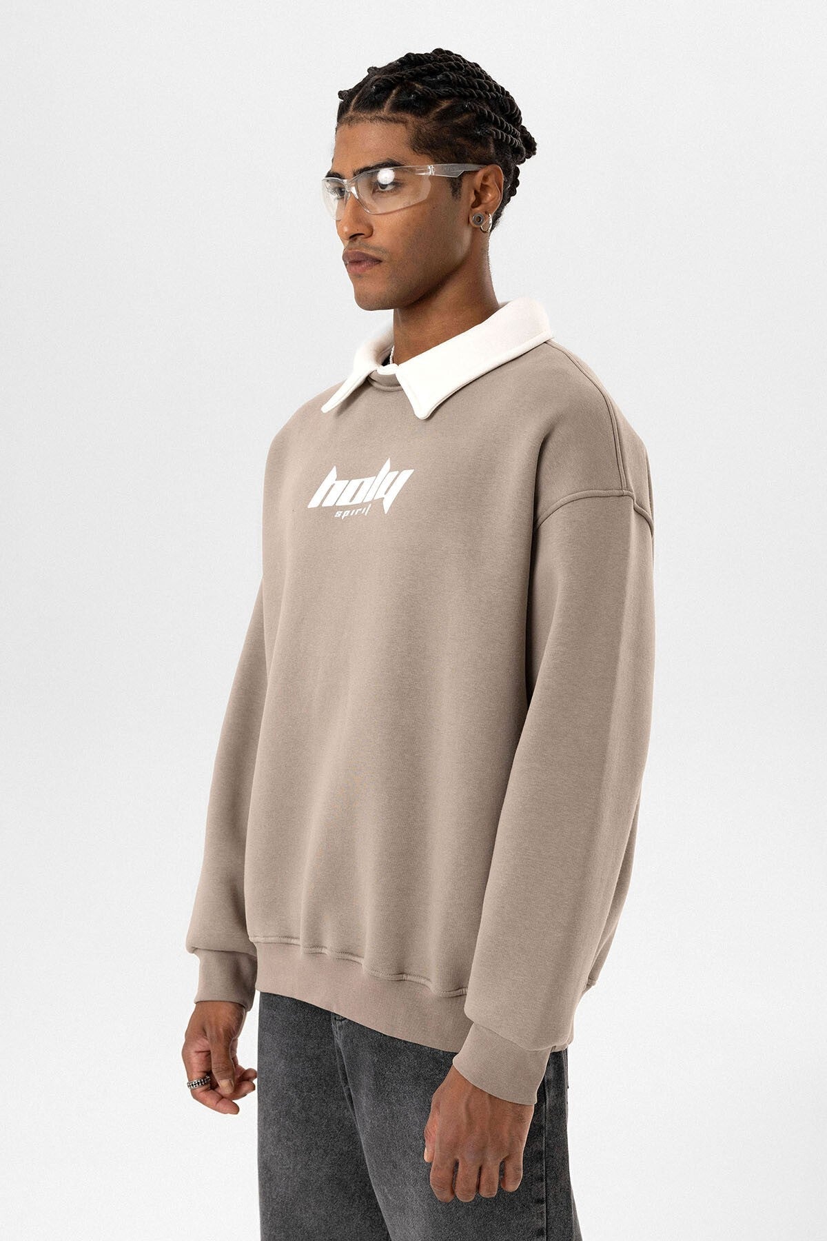 Polo Yaka Oversize Baskılı Sweatshirt