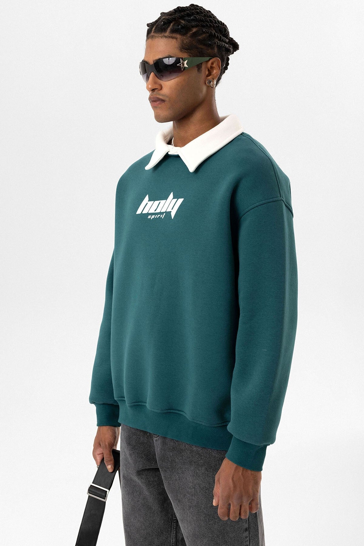 Polo Yaka Oversize Baskılı Sweatshirt
