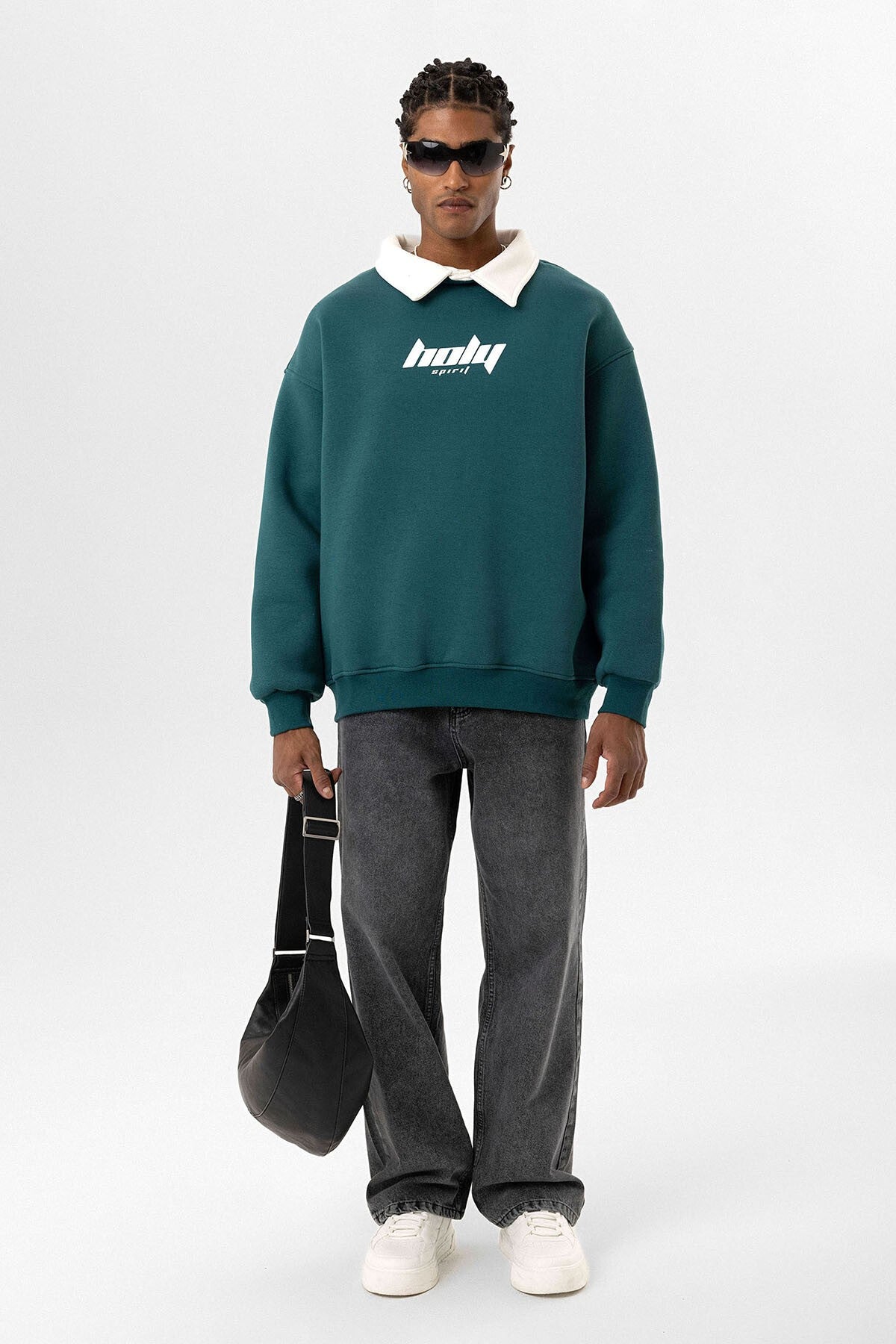 Polo Yaka Oversize Baskılı Sweatshirt